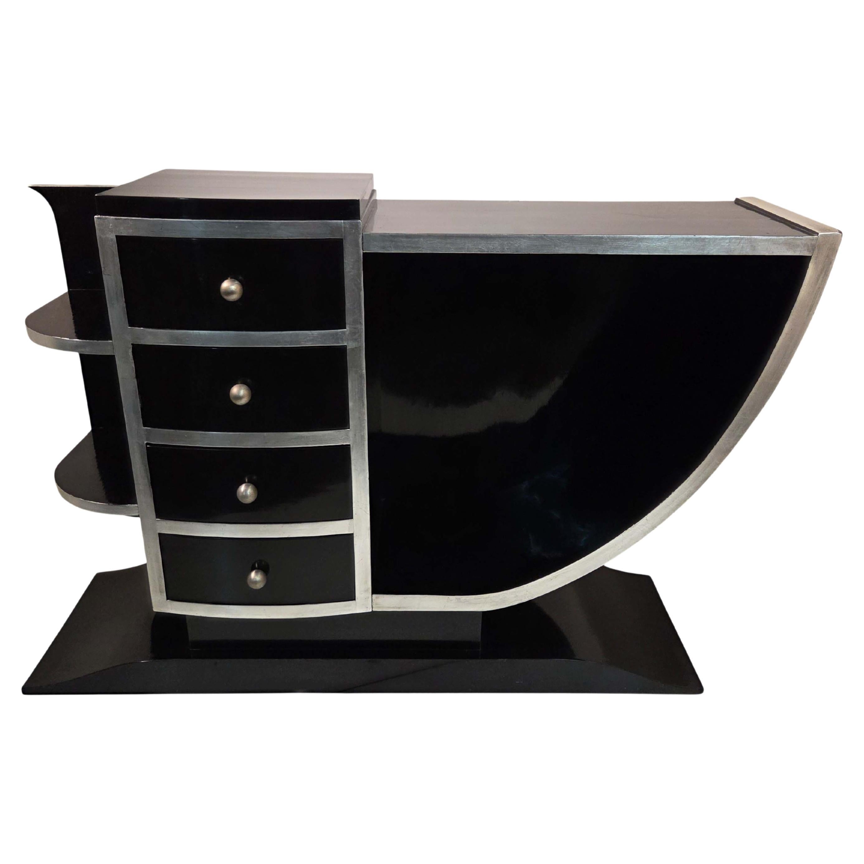 French Art Deco Modernist black lacquer, silver leaf desk/writing table / vanity For Sale
