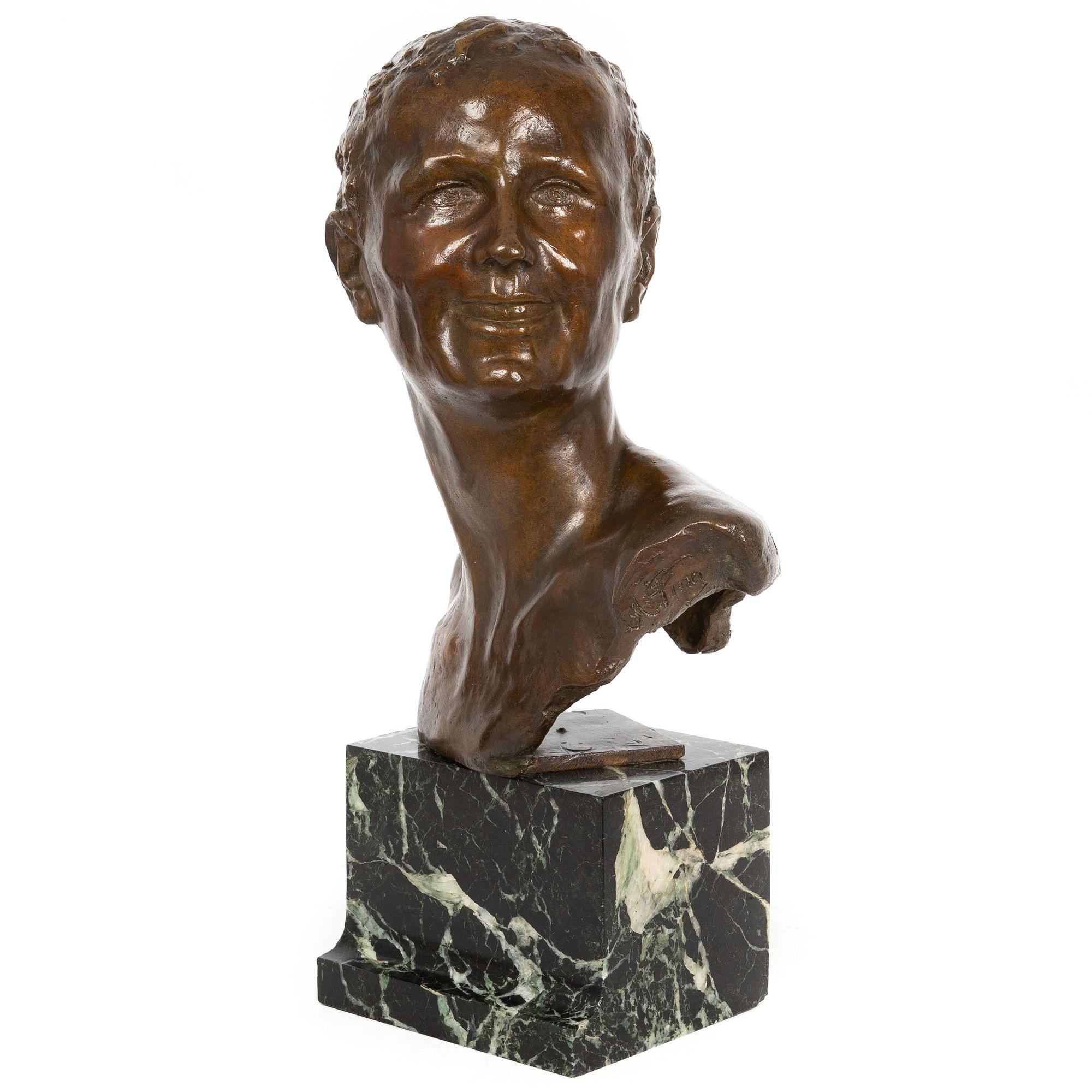ALFREDO PINA
French, 1883-1966

Bust of a Young Man

Lost-wax cast medium-brown patinated bronze over solid verde marble plinth  signed in cast 