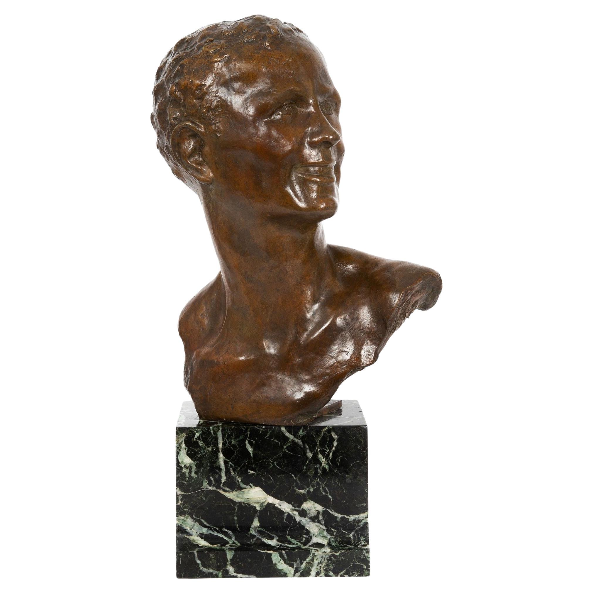 French Art Deco Modernist Bronze Sculpture, Bust of Young Man, Alfredo Pina