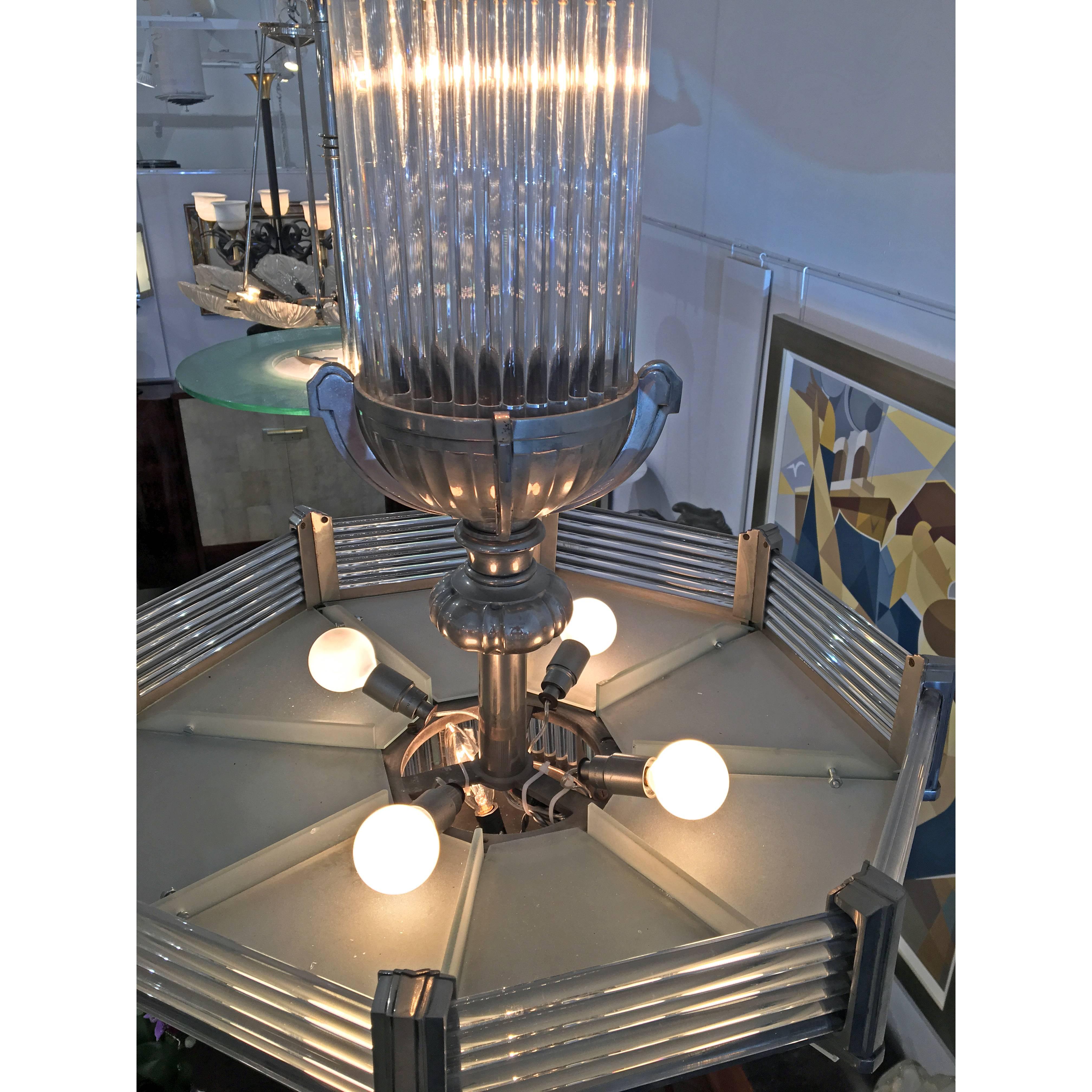 Plated French Art Deco Modernist Chandelier by Atelier Petitot For Sale