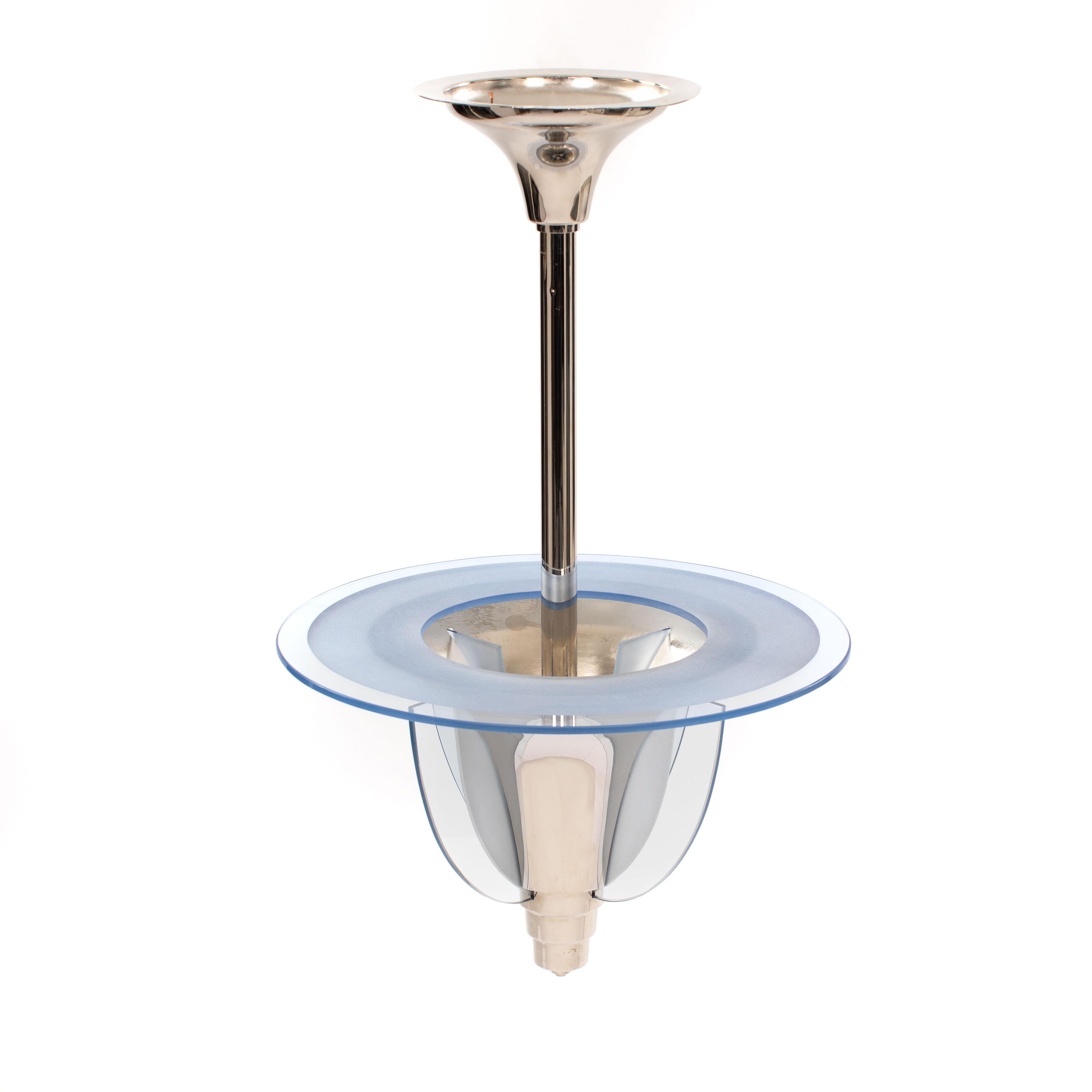 French Art Deco modernist chandelier by PETITOT (Paris), France, ca. 1930. 
Re-Nickeled metal in combination with blue glass. 
Elegant, tapered shape with stepped end, four quarter discs are inserted into the conical body and are each fixed on the