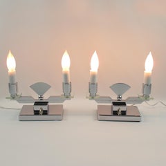 French Art Deco Modernist Chrome Candelabra Table Lamp, a Pair