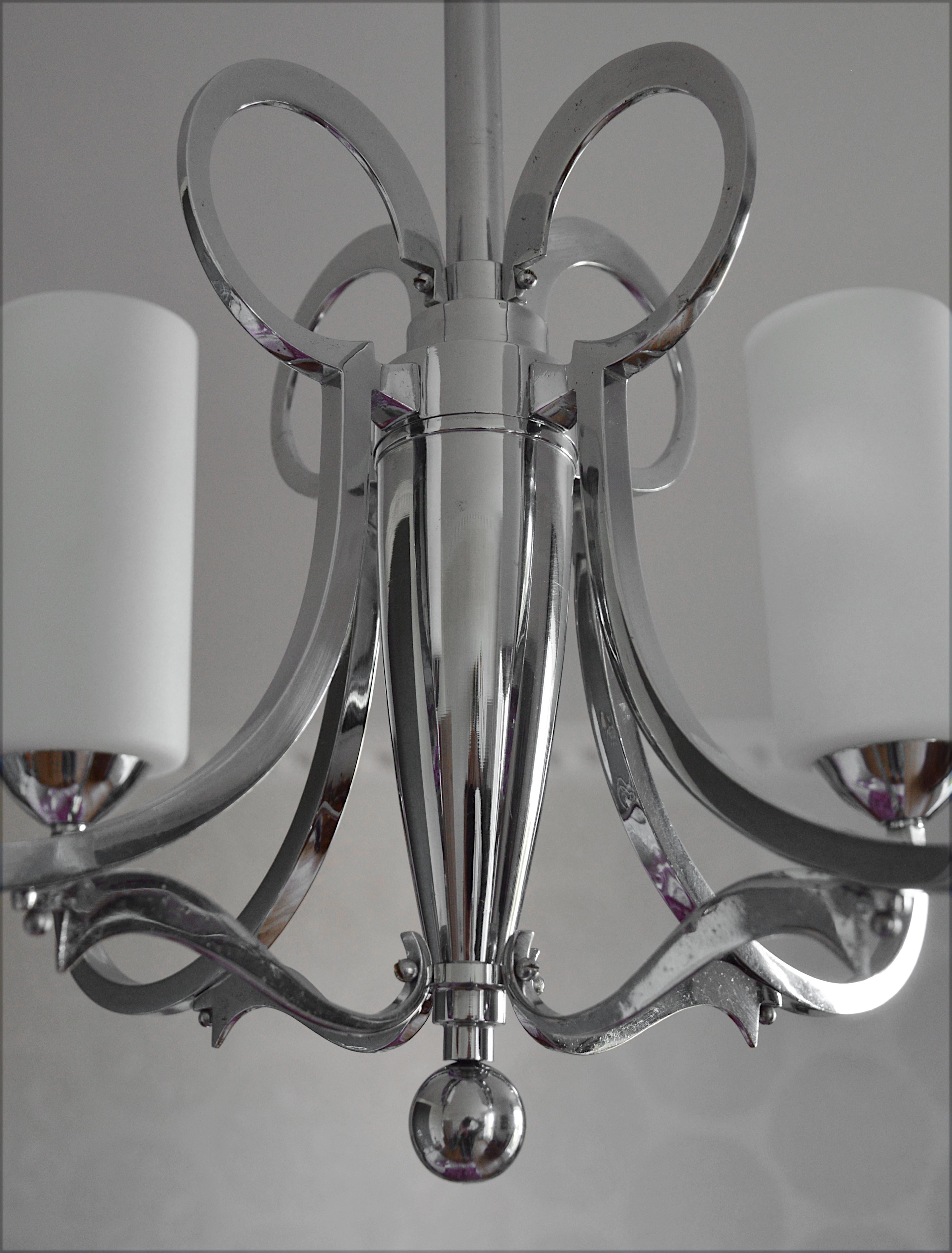 Glass French Art Deco Modernist Chrome Chandelier, 1930s For Sale