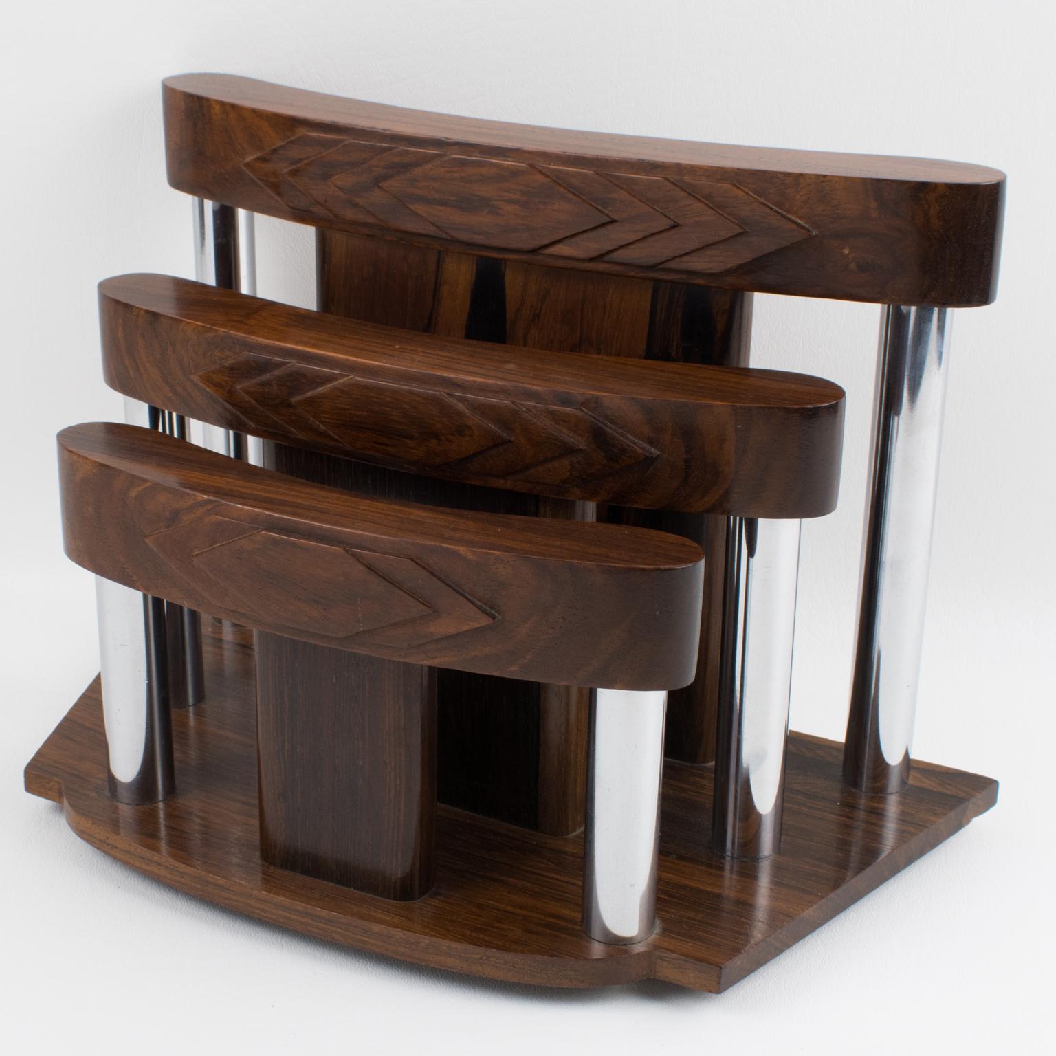 Art Deco modernist desk accessory, letter holder, France, circa 1930. Sleek geometric shape mail rack, with carved and shaped Macassar wood main body and chromed metal accents. There is no visible maker's mark. 
Measurements: 11.82 in. wide (30 cm)