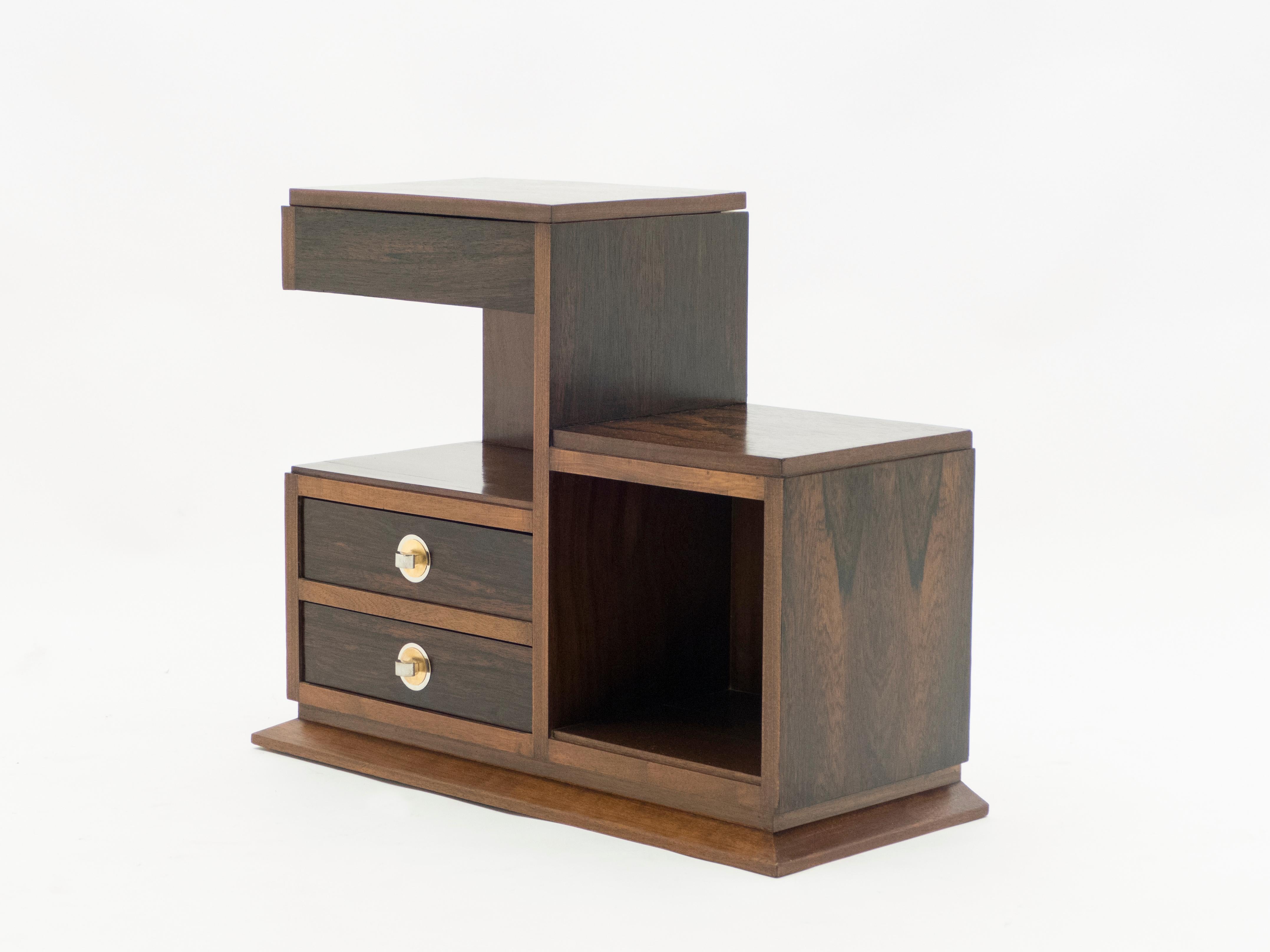 French Art Deco Modernist Rosewood Brass Sewing Cabinet, 1940s In Good Condition For Sale In Paris, IDF