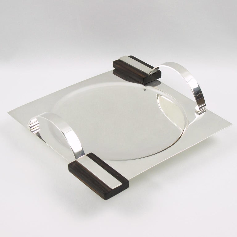 French Art Deco Modernist Silver Plate Macassar Wood Tray at 1stDibs
