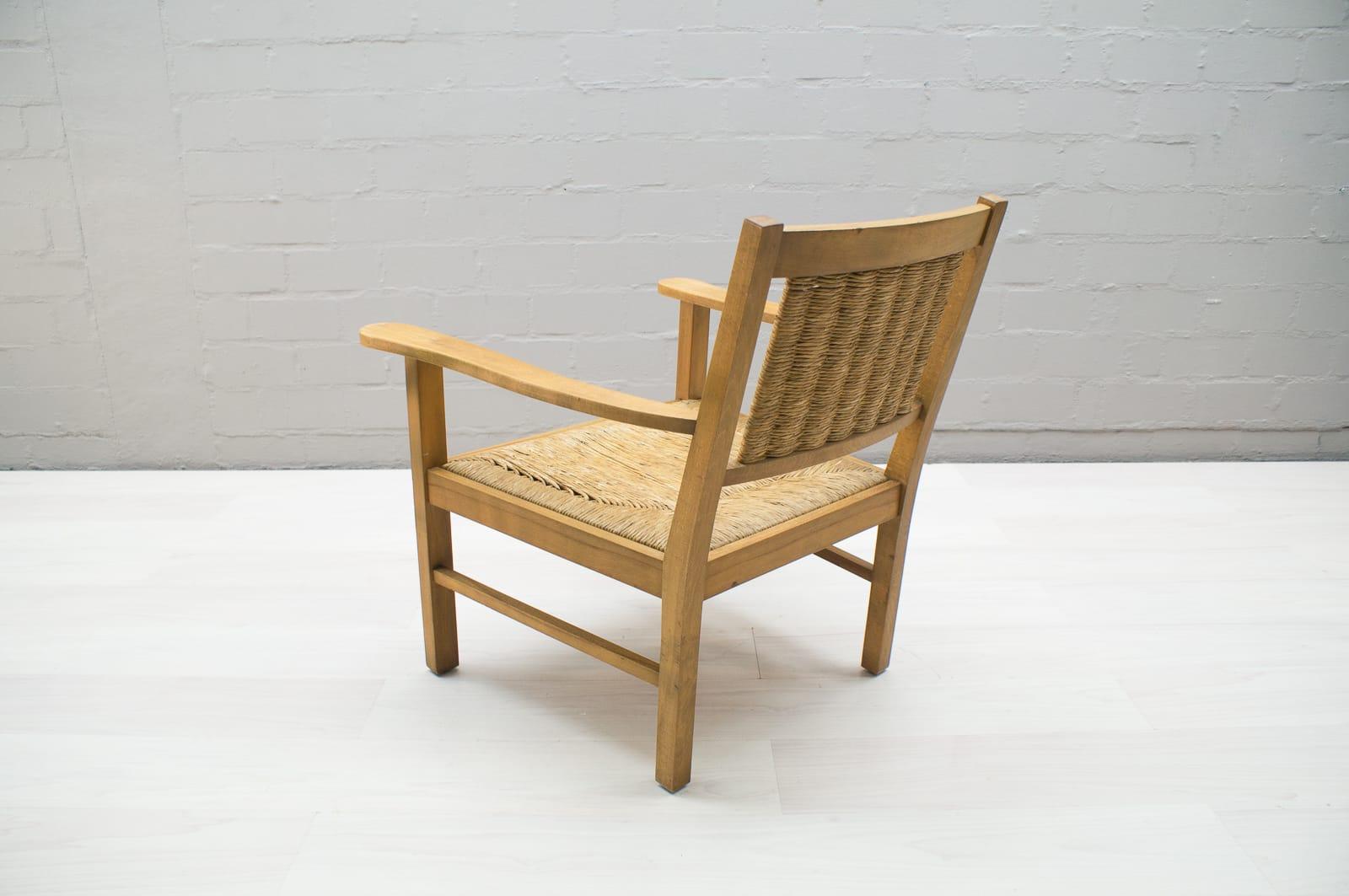 Mid-Century Modern French Art Deco Modernist Wicker Armchair Attributed to Francis Jourdain, 1940s