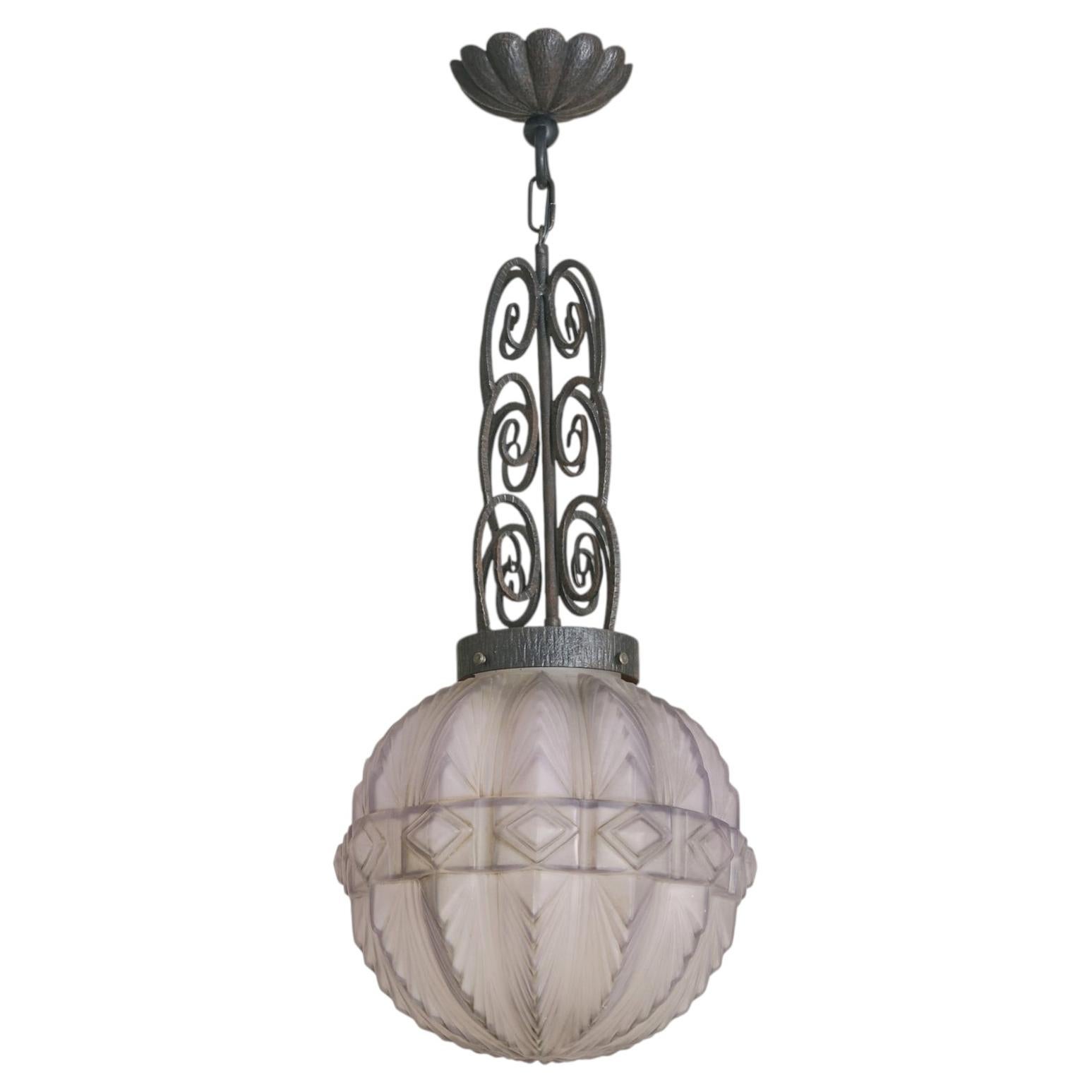 French Art Deco Molded Glass Spherical Pendant, 1920s