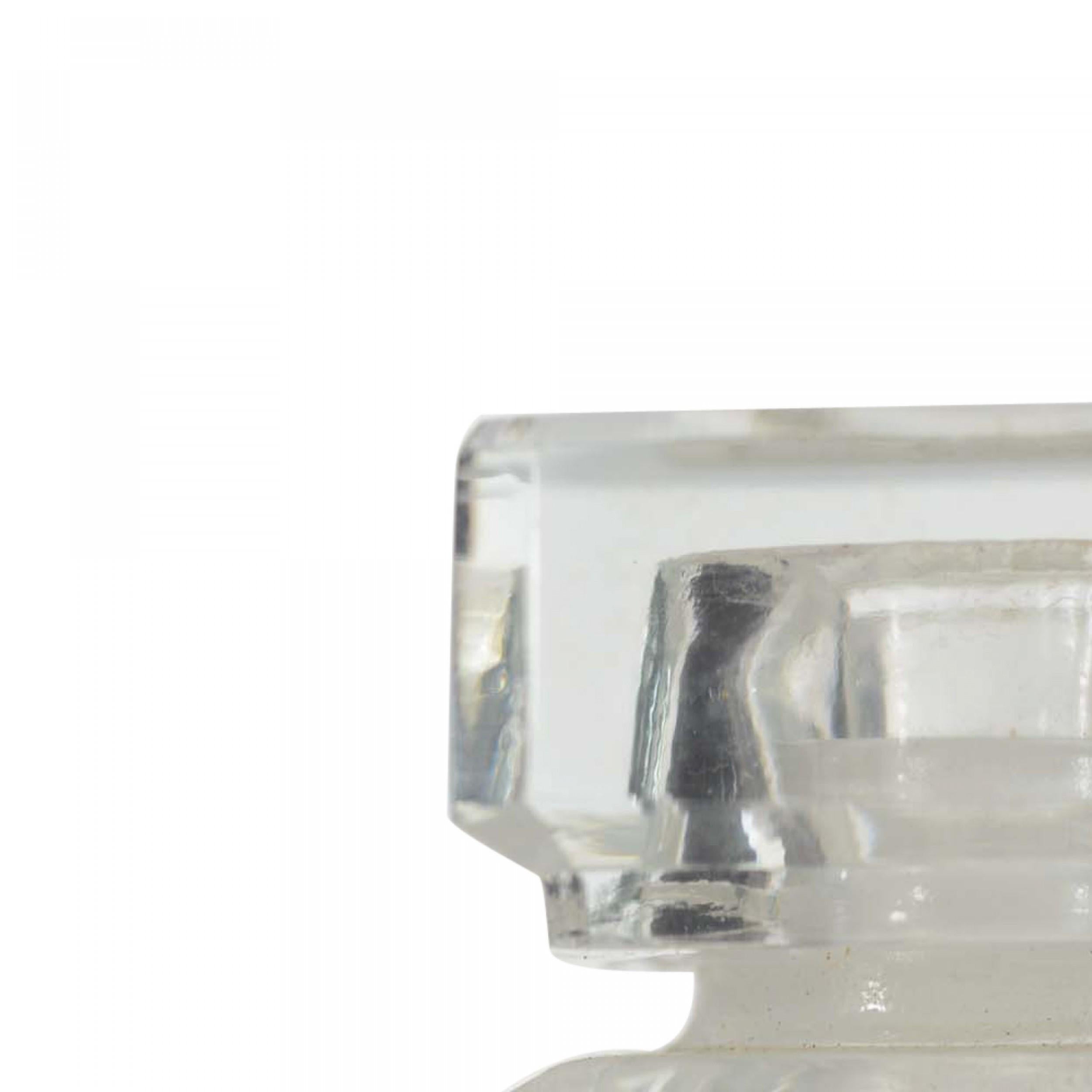 Flacone di profumo in vetro trasparente francese Art Deco rettangolare (MON IMAGE di Lucien Lelong) con design stanco e tappo abbinato con logo geometrico in rilievo sulla parte superiore (LALIQUE disegnato da Joseph Stein)