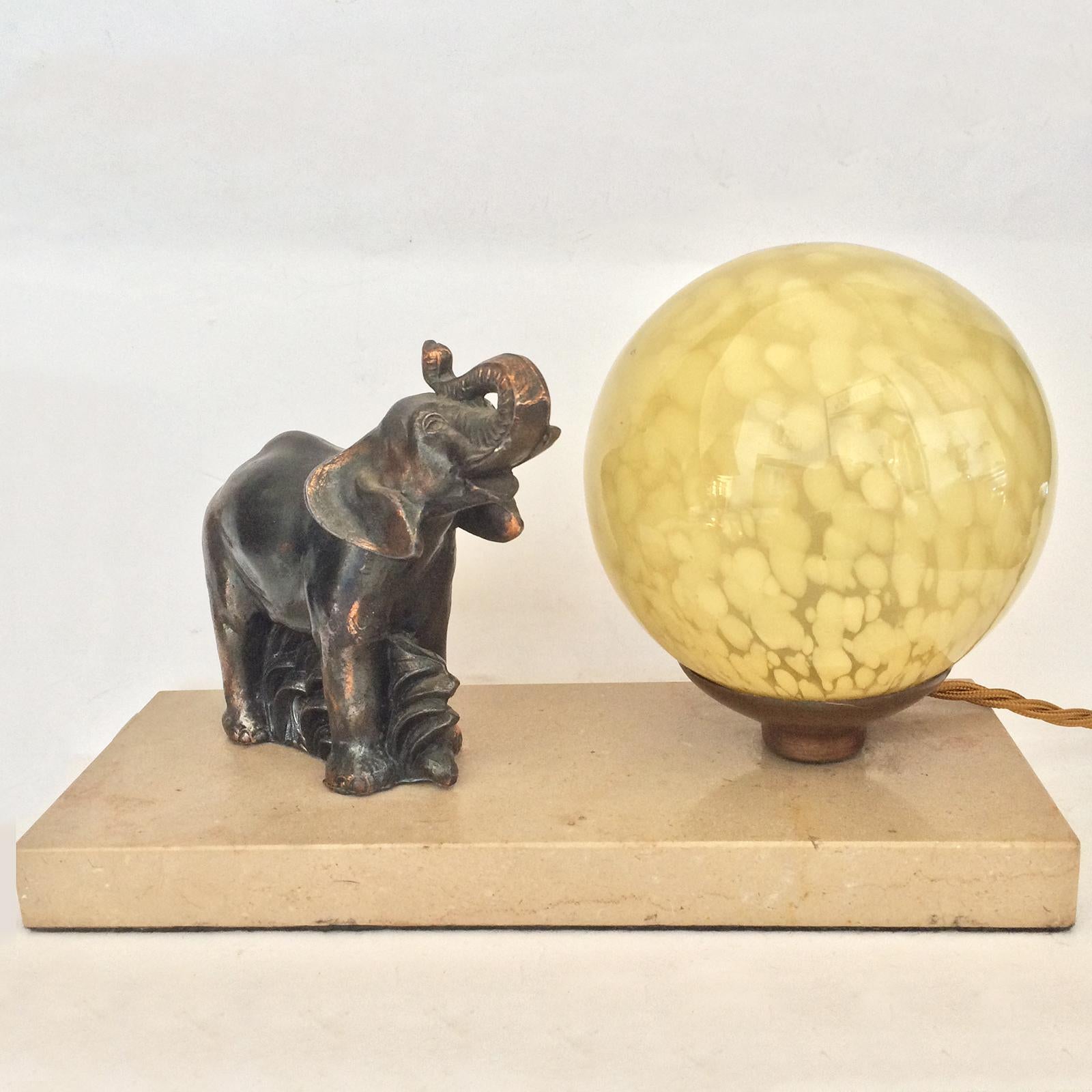 Early 20th Century French Art Deco Mood Lamp of an Elephant on a Marble Base