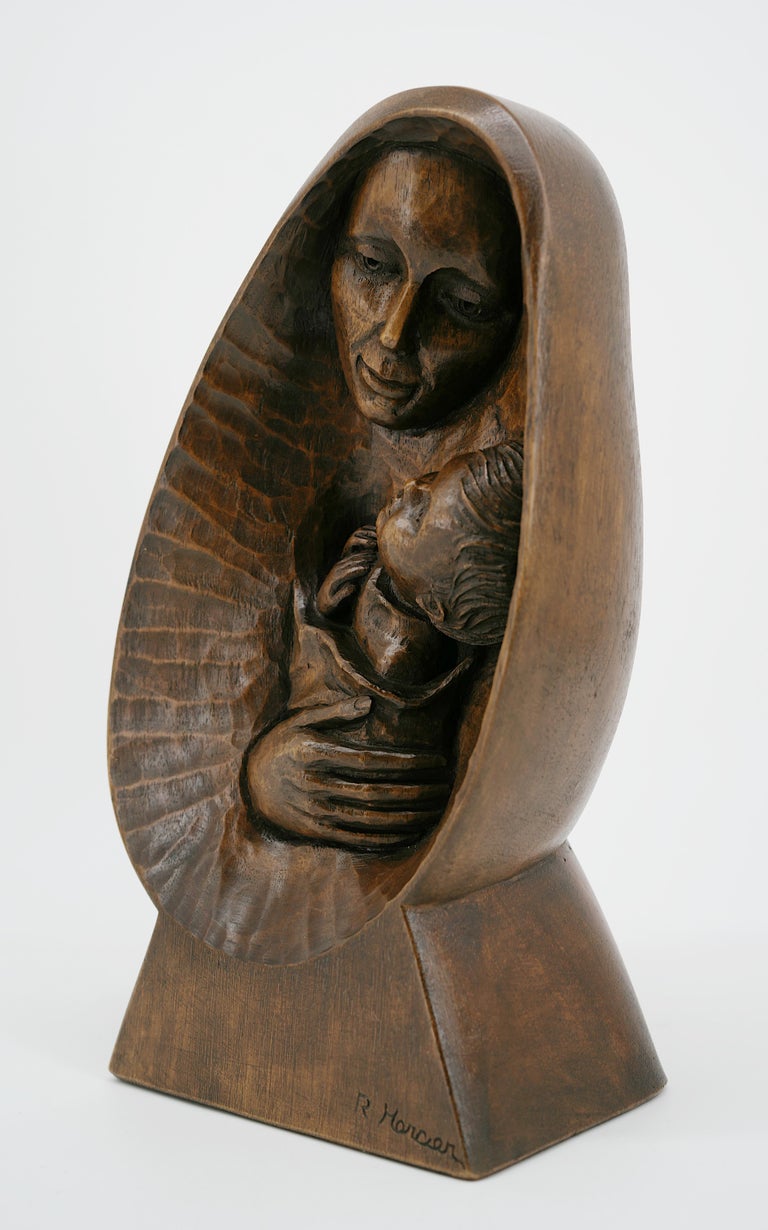 Wood French Art Deco Mother & Child Sculpture, 1930s For Sale