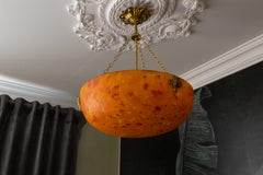 French Art Deco Mottled Orange Glass & Brass Pendant Light, ca. 1930s