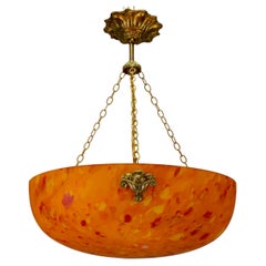 French Art Deco Mottled Orange Glass
Brass Pendant Light, ca. 1930s