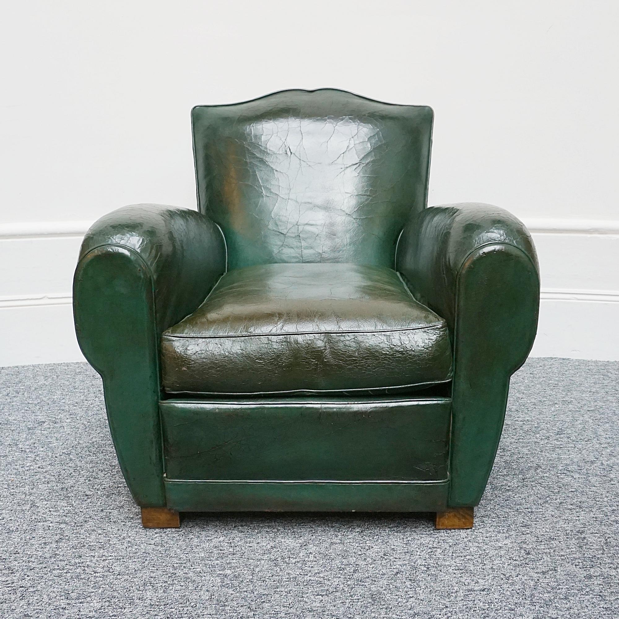 Pair of French Moustache Backed Art Deco Club chairs. Vintage green leather upholstery.

Dimensions: H 81cm W 82cm D 80cm Seat H 41cm 

Origin: French

Date: Circa 1940

Item Number: 2311232

All of our furniture is extensively polished and restored