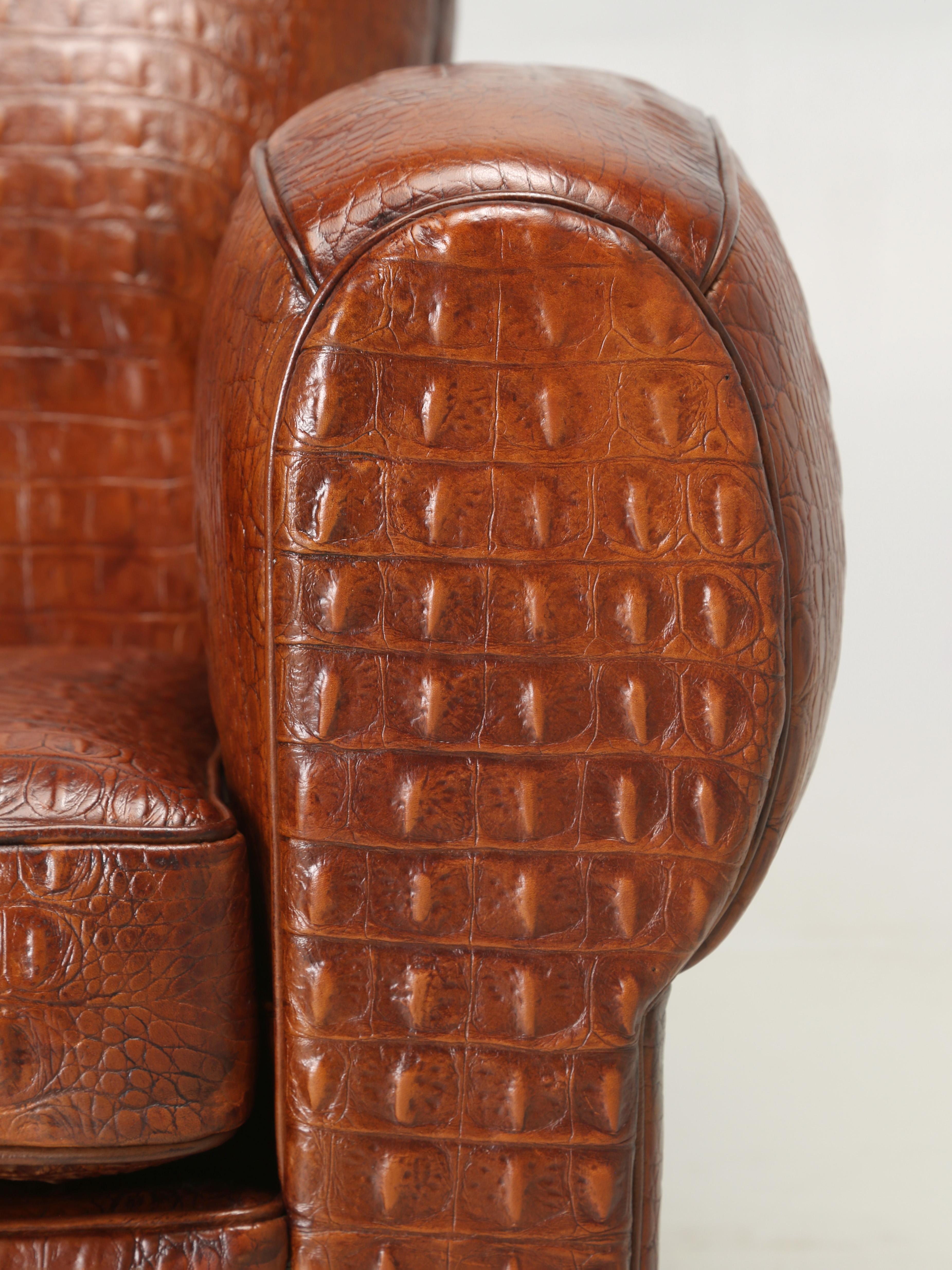 French Art Deco Moustache Club Chair Faux Embossed Crocodile Italian Leather 6