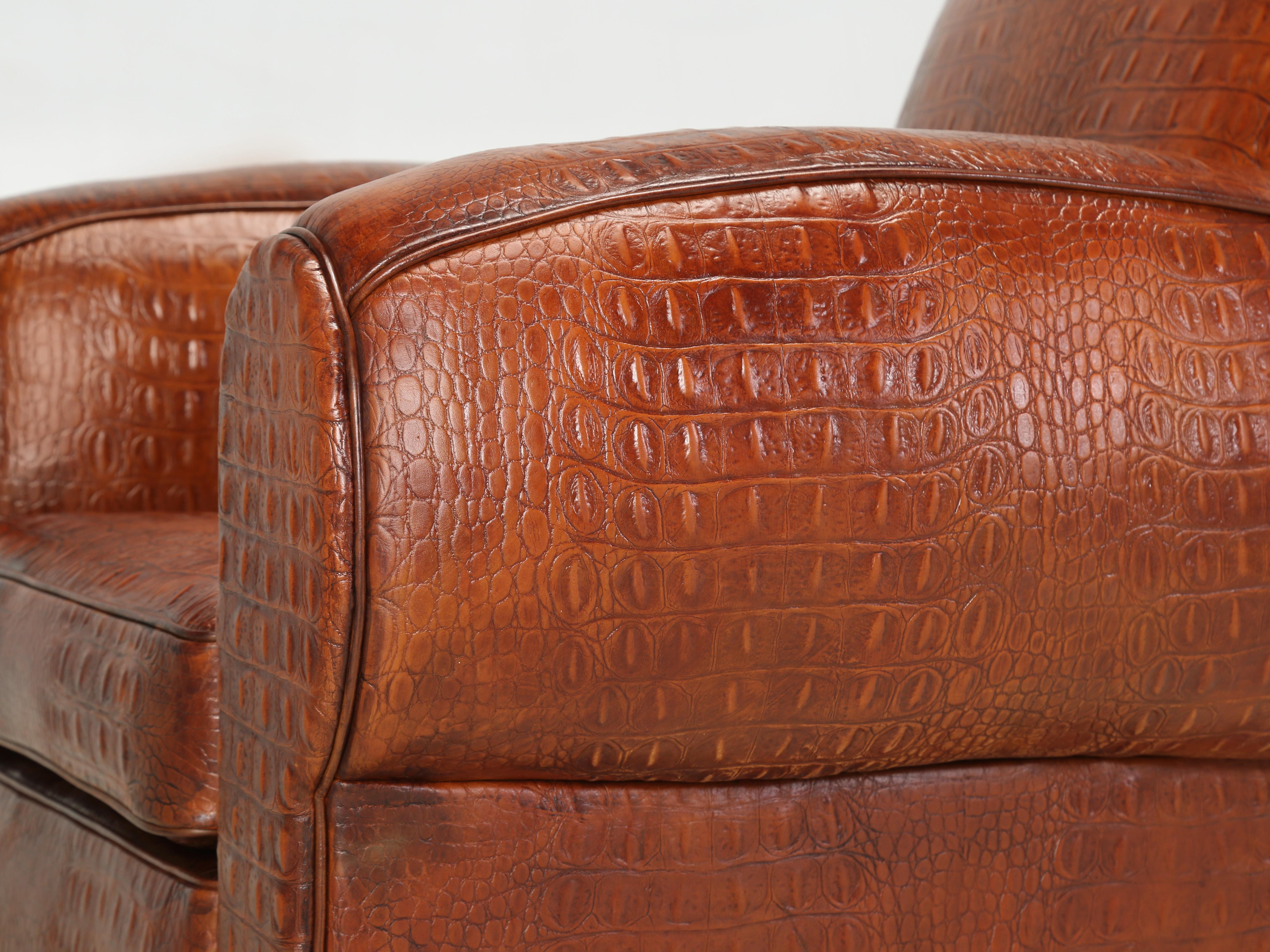 French Art Deco Moustache Club Chair Faux Embossed Crocodile Italian Leather 7