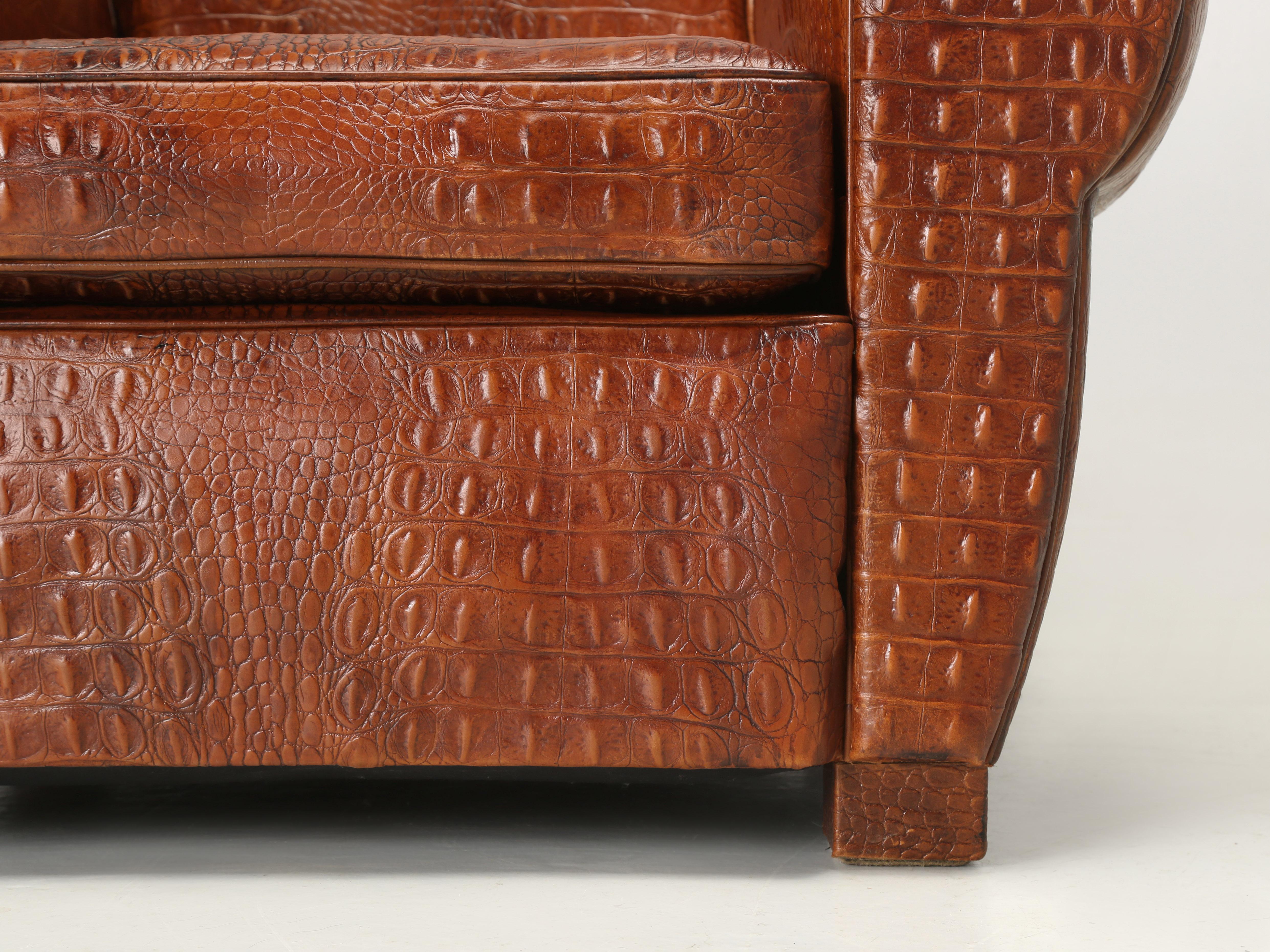 French Art Deco Moustache Club Chair Faux Embossed Crocodile Italian Leather 8