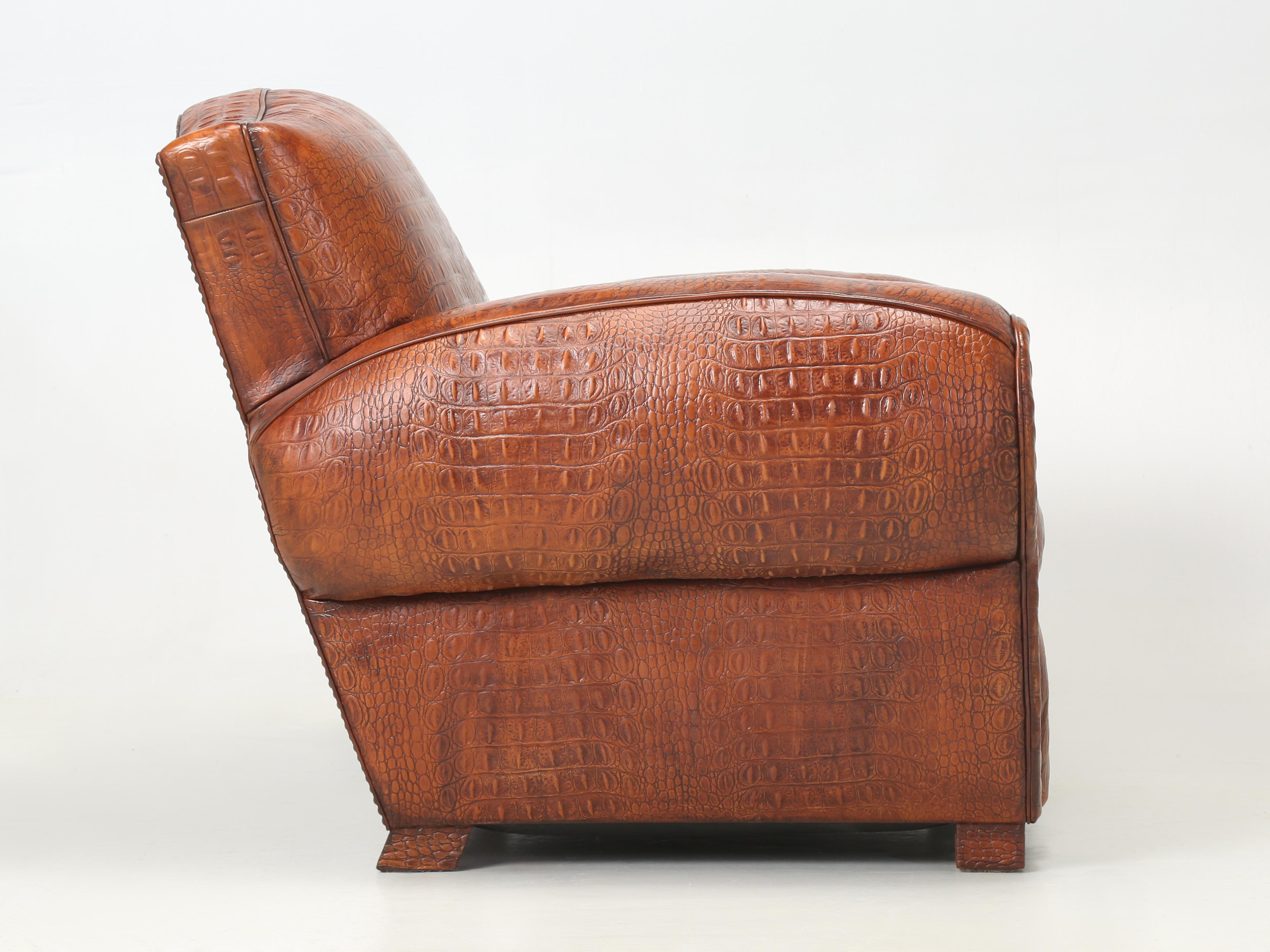 French Art Deco Moustache Club Chair Faux Embossed Crocodile Italian Leather 9