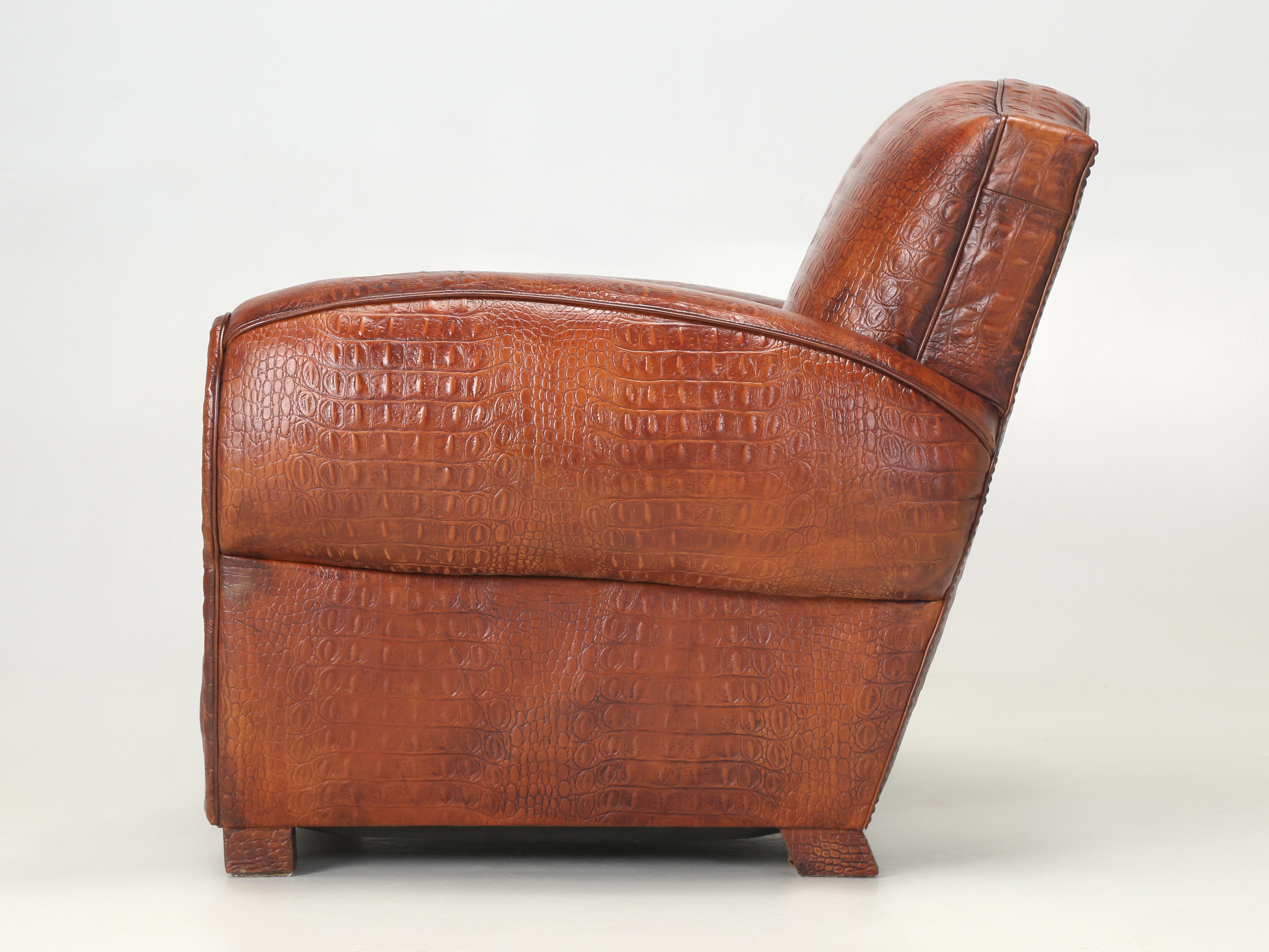 French Art Deco Moustache Club Chair Faux Embossed Crocodile Italian Leather 10