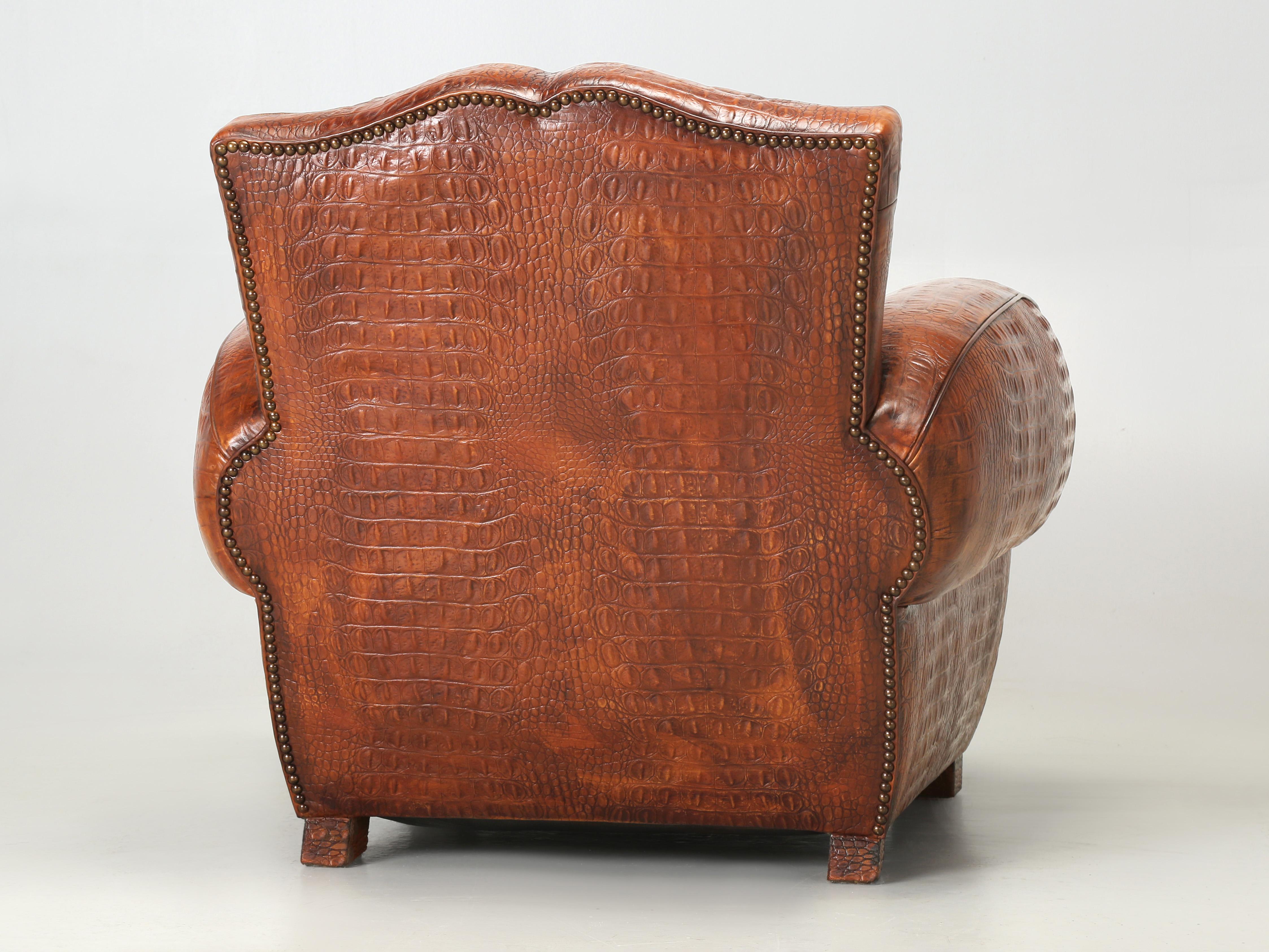 French Art Deco Moustache Club Chair Faux Embossed Crocodile Italian Leather 11