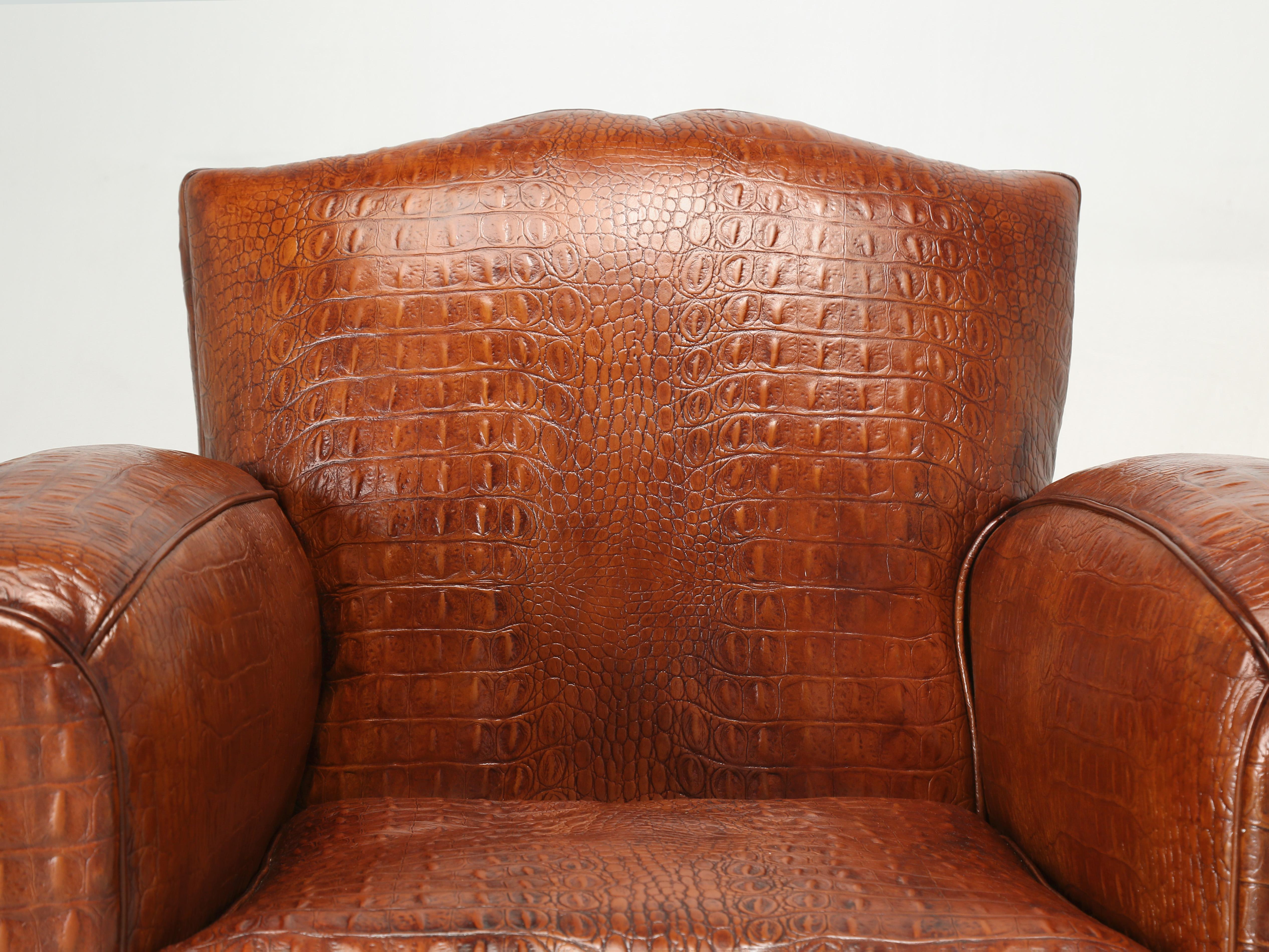 French Art Deco Moustache Club Chair Faux Embossed Crocodile Italian Leather In Good Condition In Chicago, IL