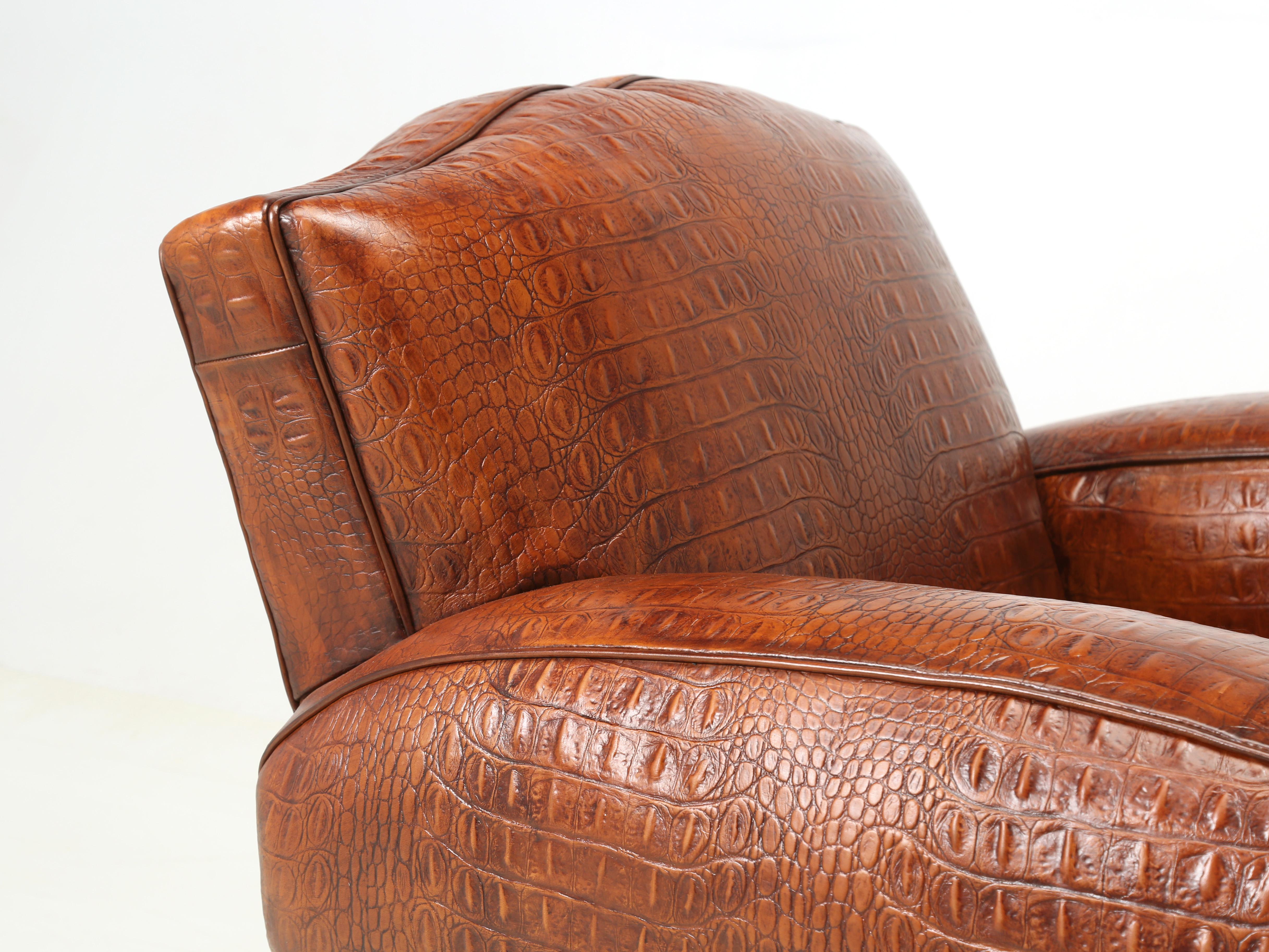 Mid-20th Century French Art Deco Moustache Club Chair Faux Embossed Crocodile Italian Leather