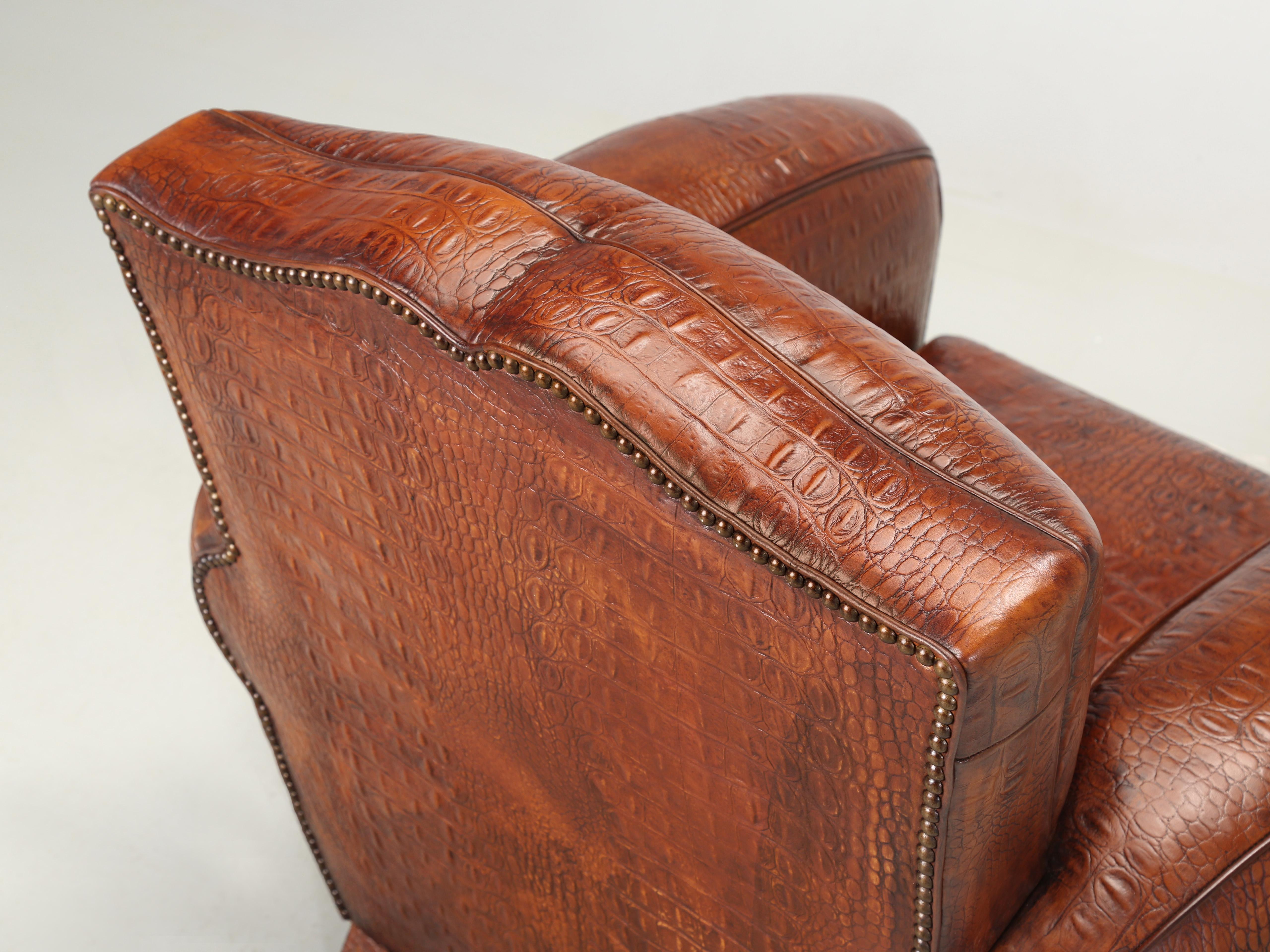 French Art Deco Moustache Club Chair Faux Embossed Crocodile Italian Leather 1