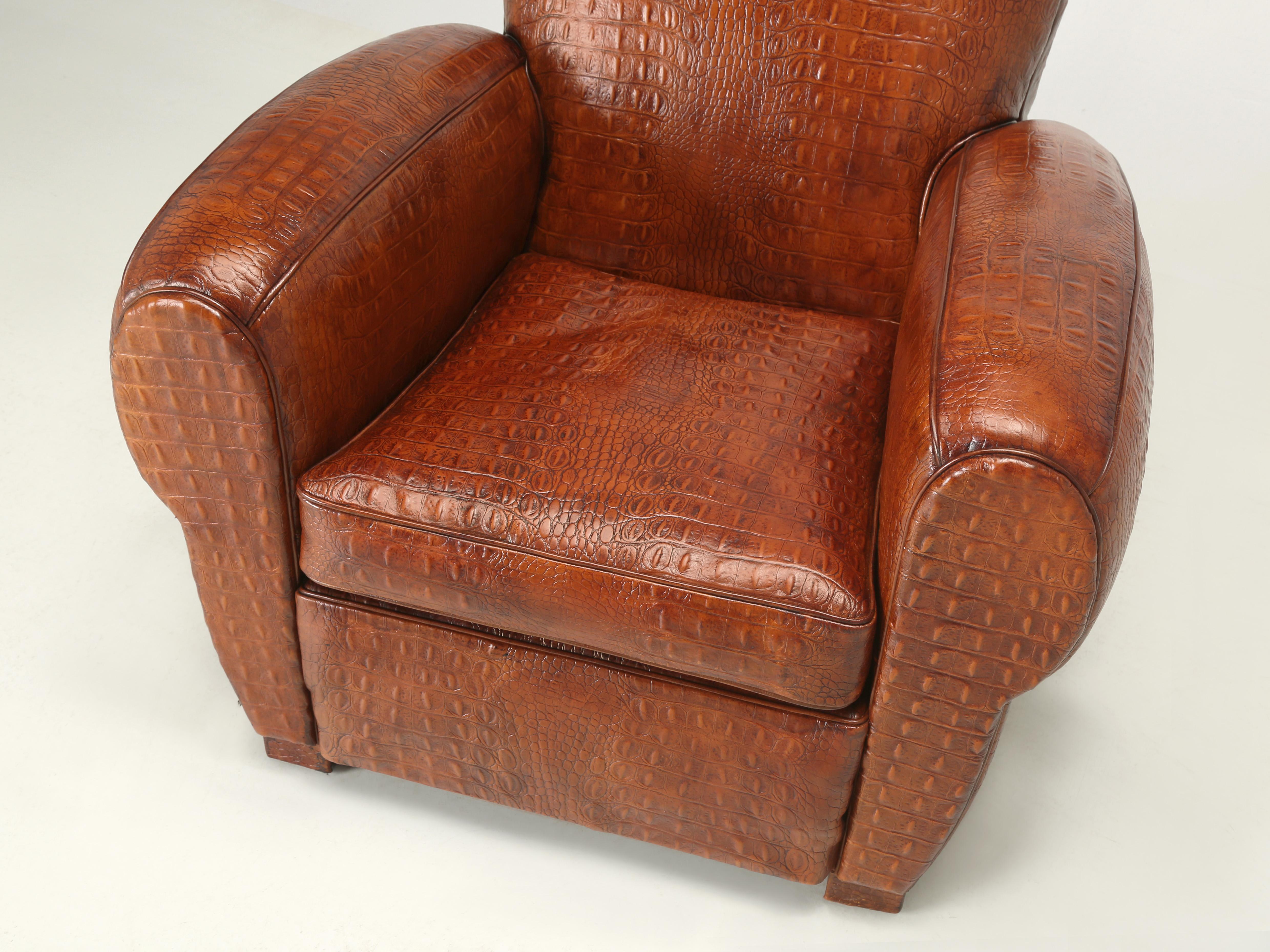French Art Deco Moustache Club Chair Faux Embossed Crocodile Italian Leather 2