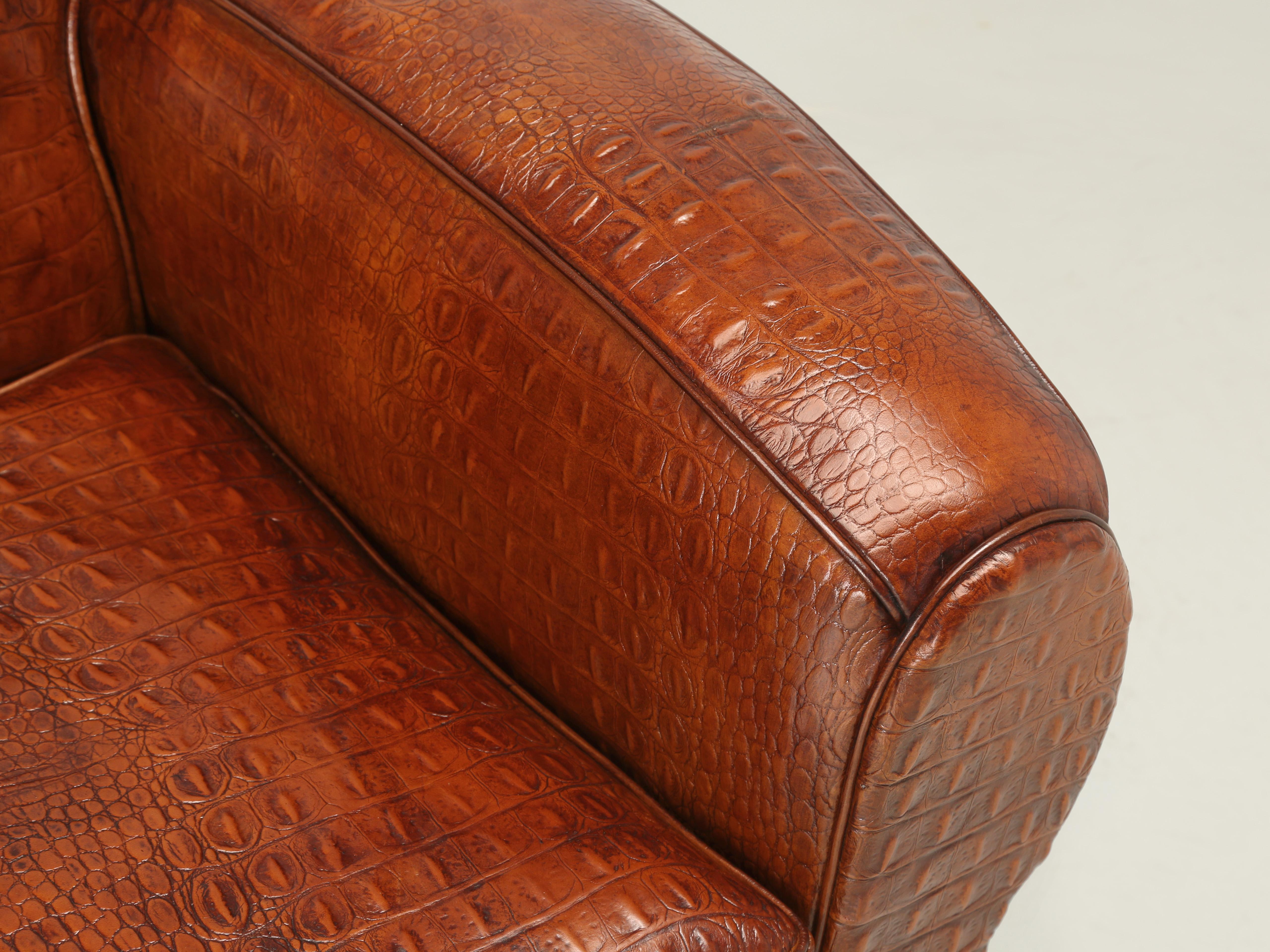French Art Deco Moustache Club Chair Faux Embossed Crocodile Italian Leather 3