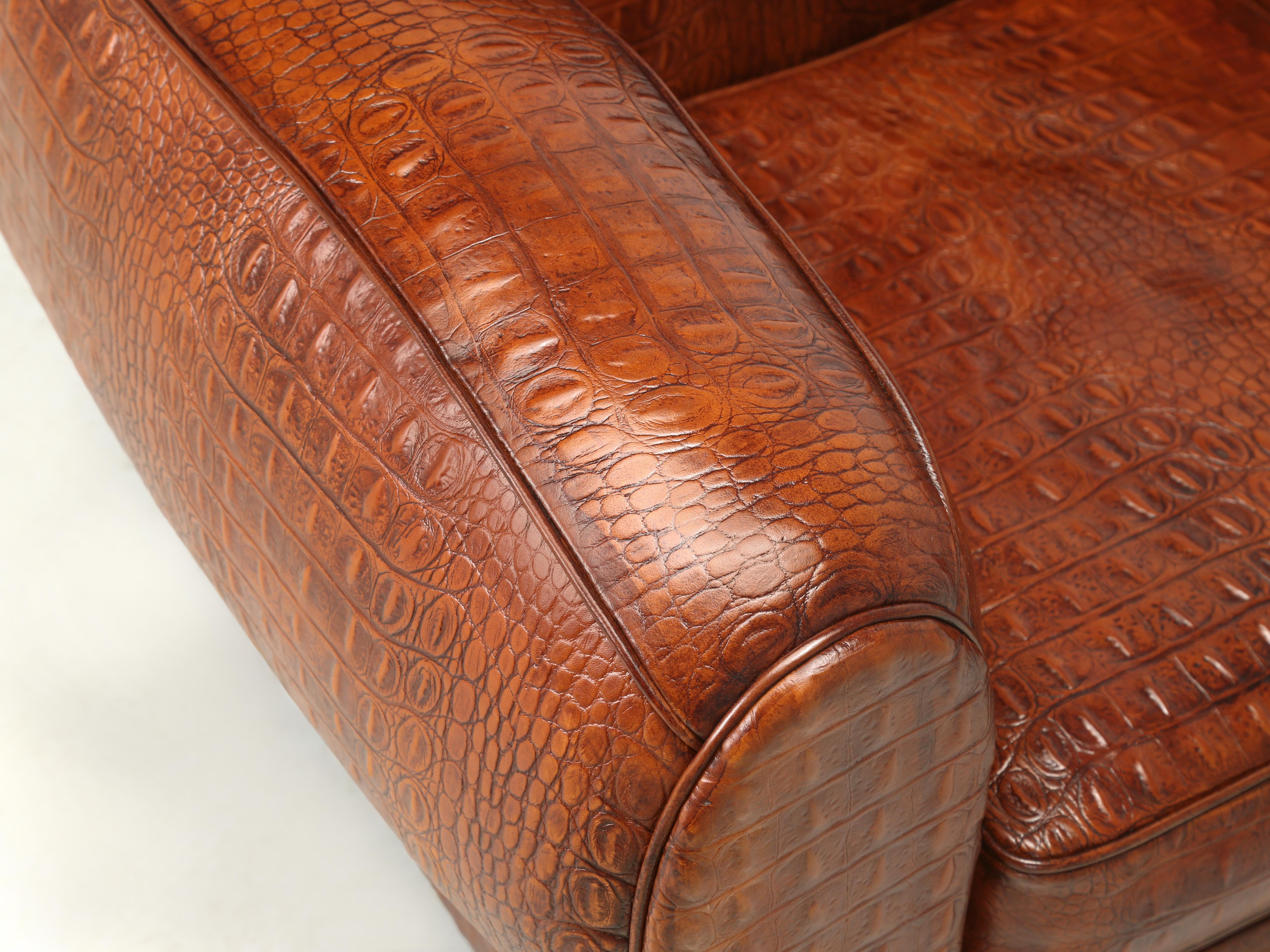 French Art Deco Moustache Club Chair Faux Embossed Crocodile Italian Leather 4