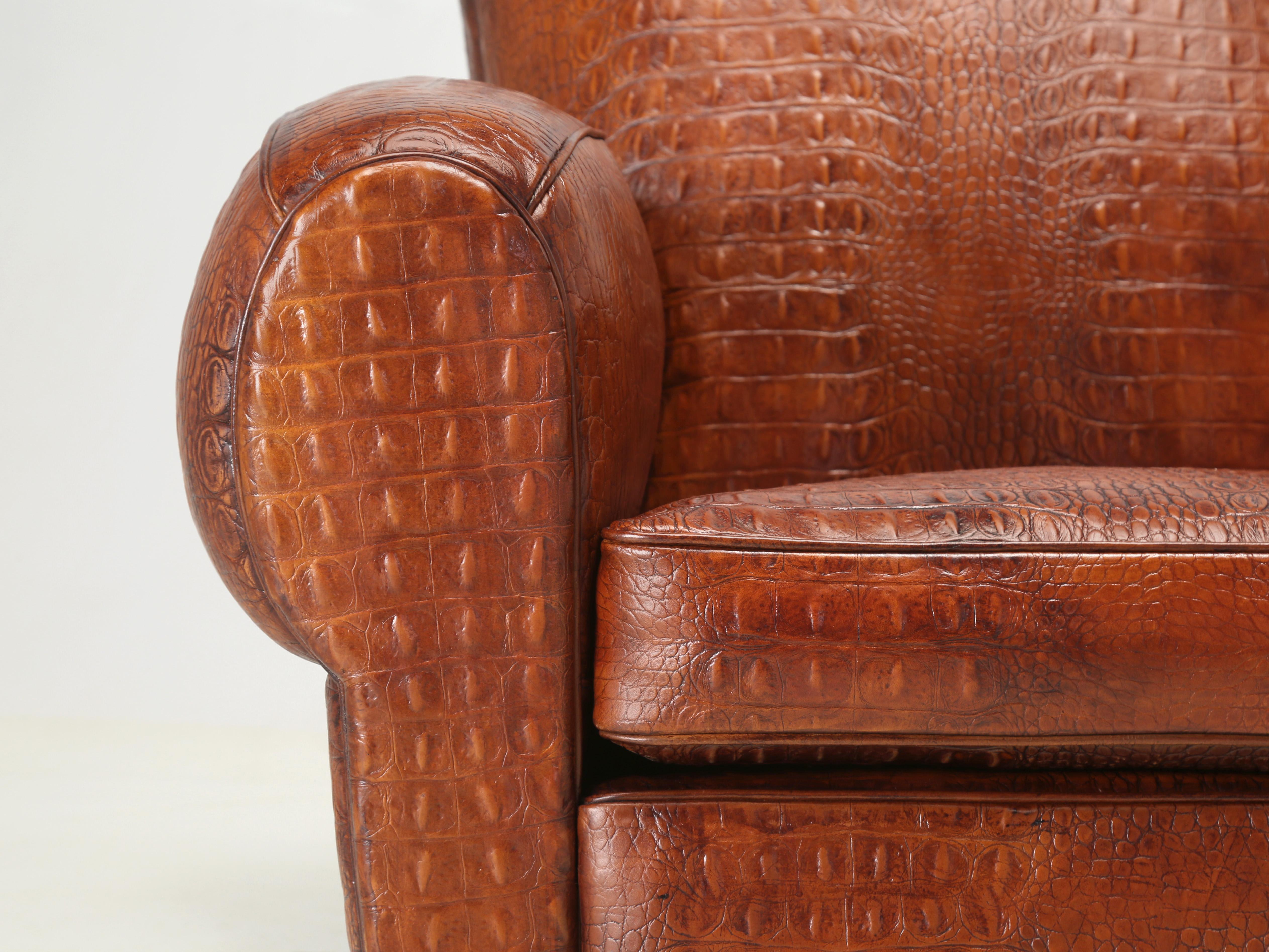 French Art Deco Moustache Club Chair Faux Embossed Crocodile Italian Leather 5