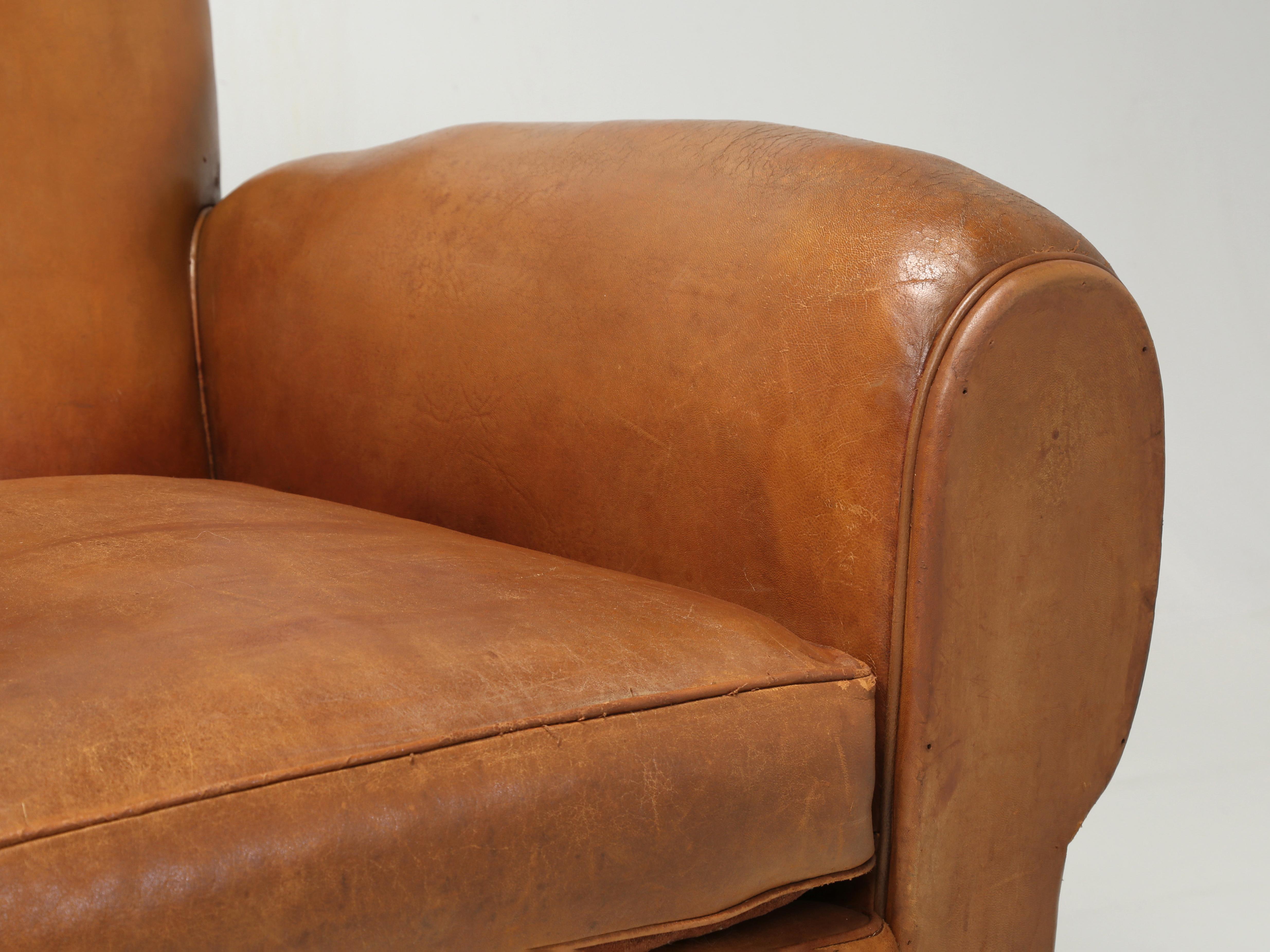 French Art Deco Moustache Original Leather Club Chairs Restored Inside, c1930s  7