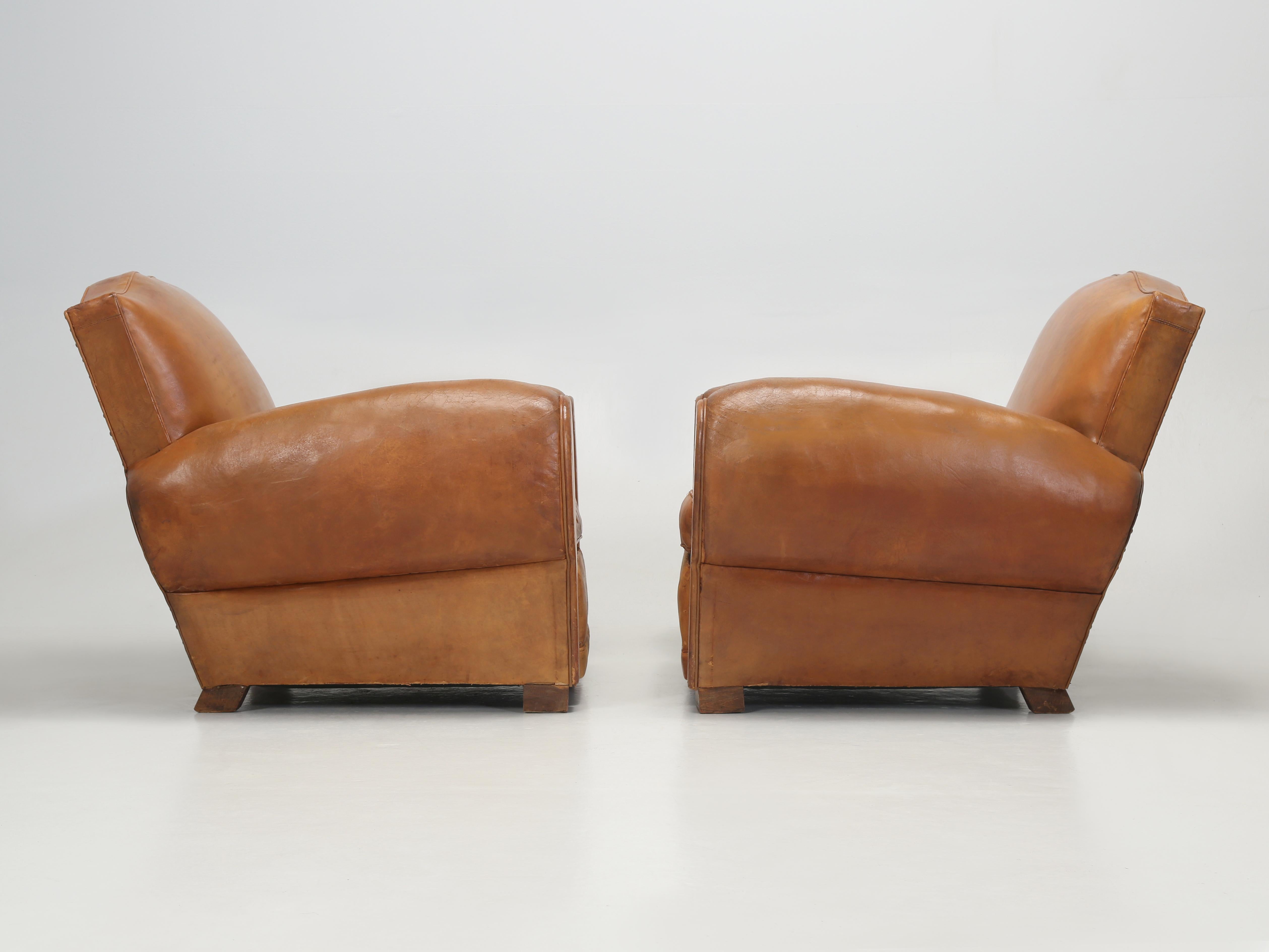 French Art Deco Moustache Original Leather Club Chairs Restored Inside, c1930s  11