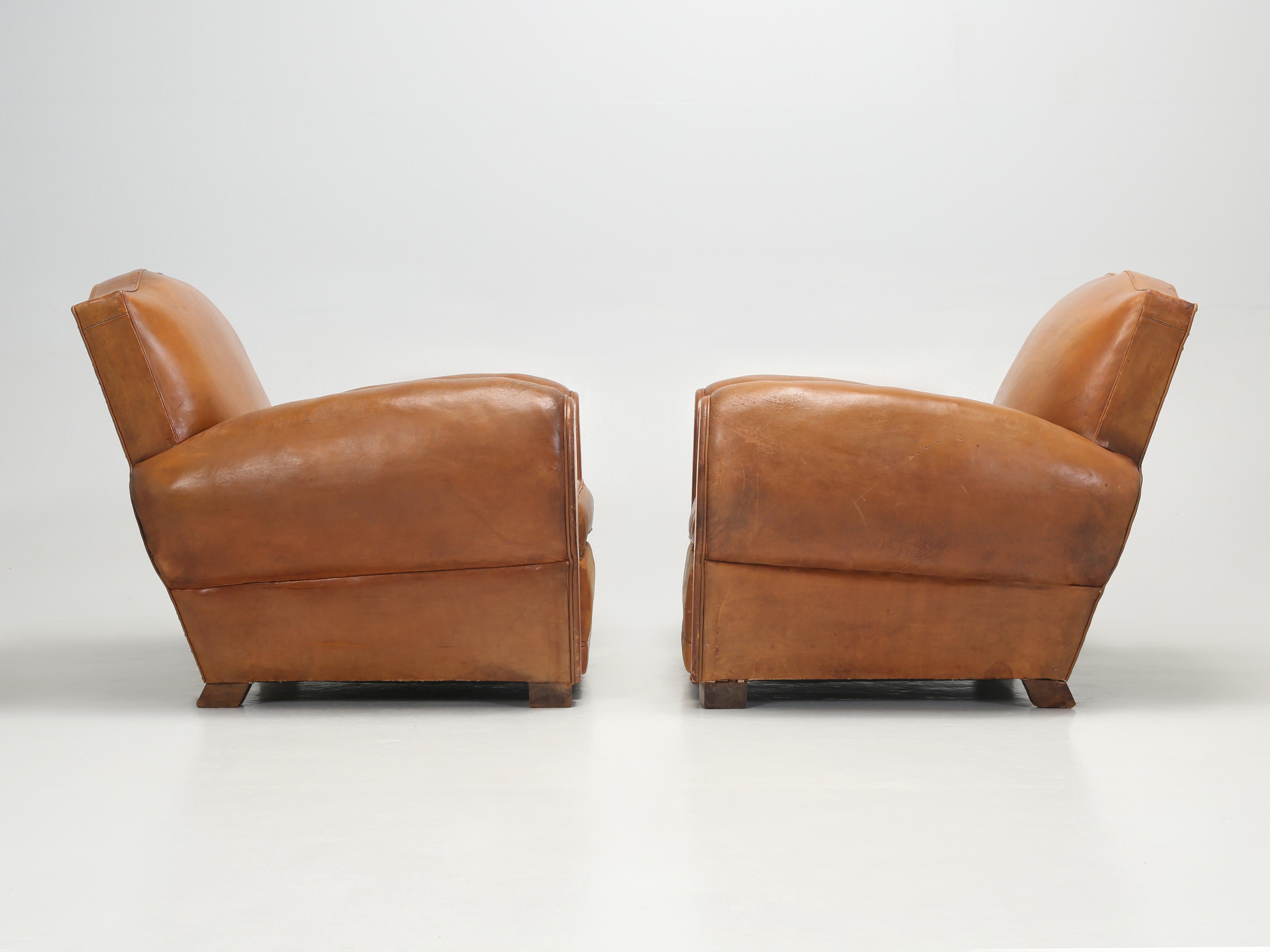 French Art Deco Moustache Original Leather Club Chairs Restored Inside, c1930s  12