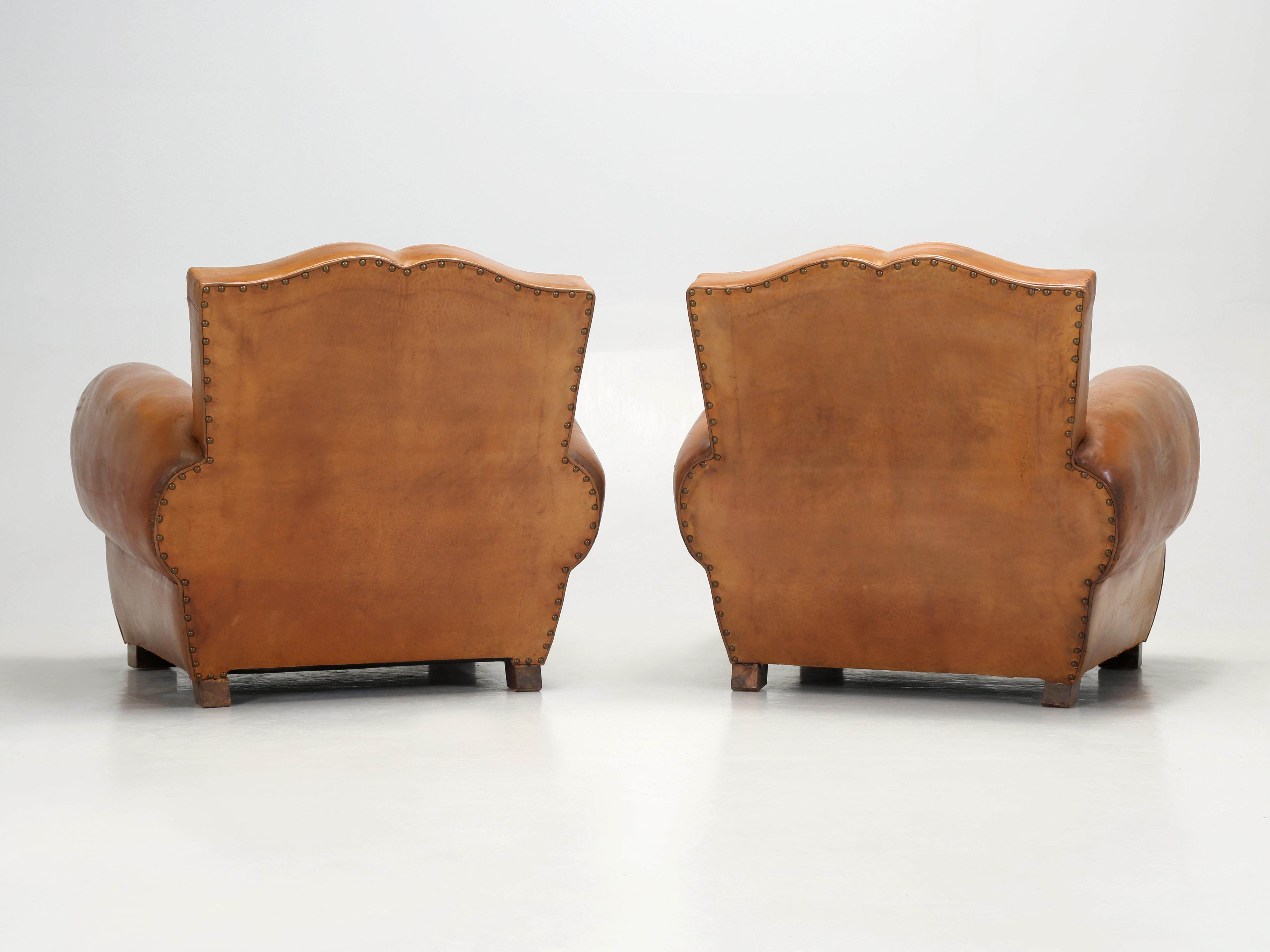 French Art Deco Moustache Original Leather Club Chairs Restored Inside, c1930s  13