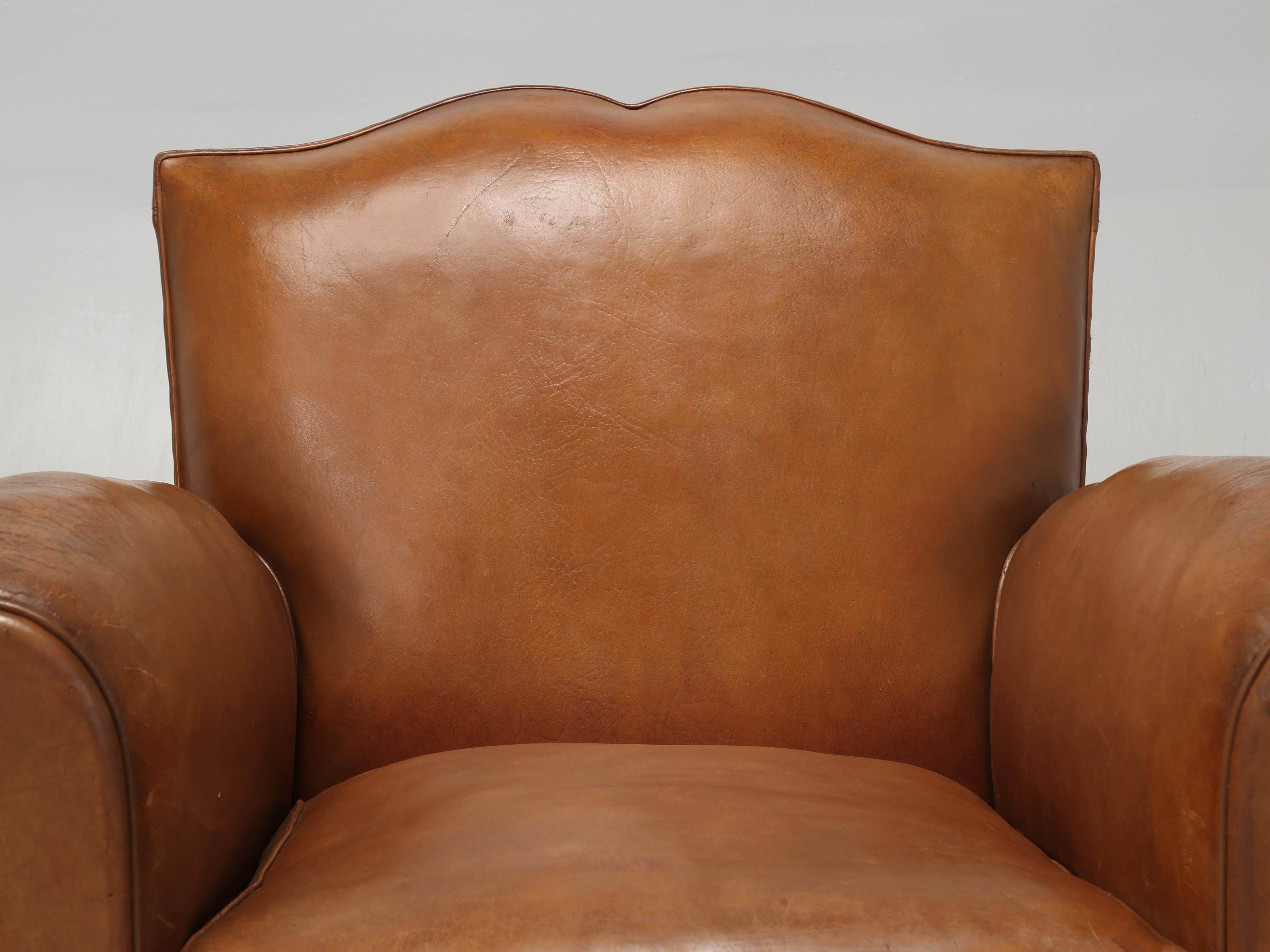 Hand-Crafted French Art Deco Moustache Original Leather Club Chairs Restored Inside, c1930s 