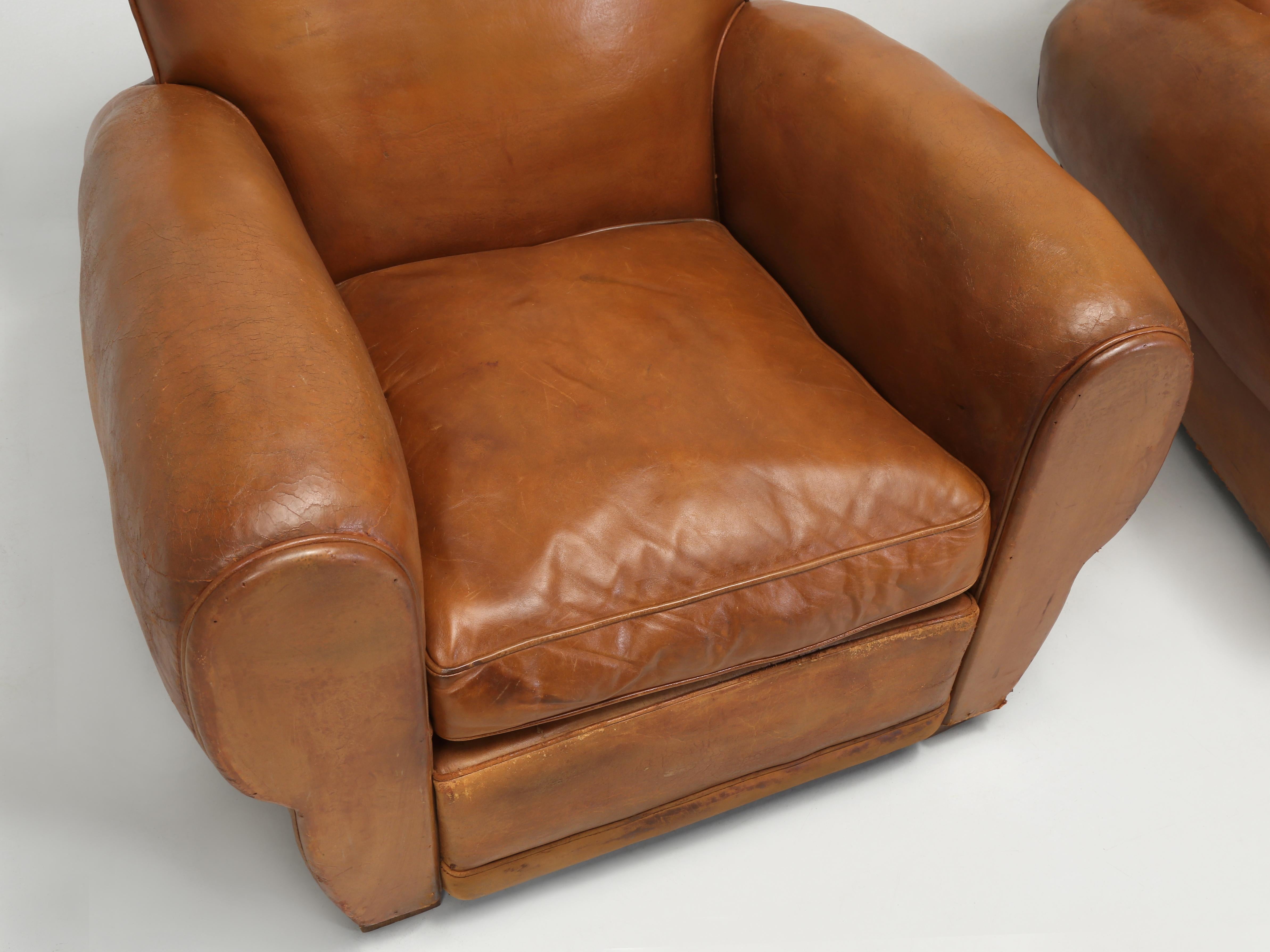 Mid-20th Century French Art Deco Moustache Original Leather Club Chairs Restored Inside, c1930s 