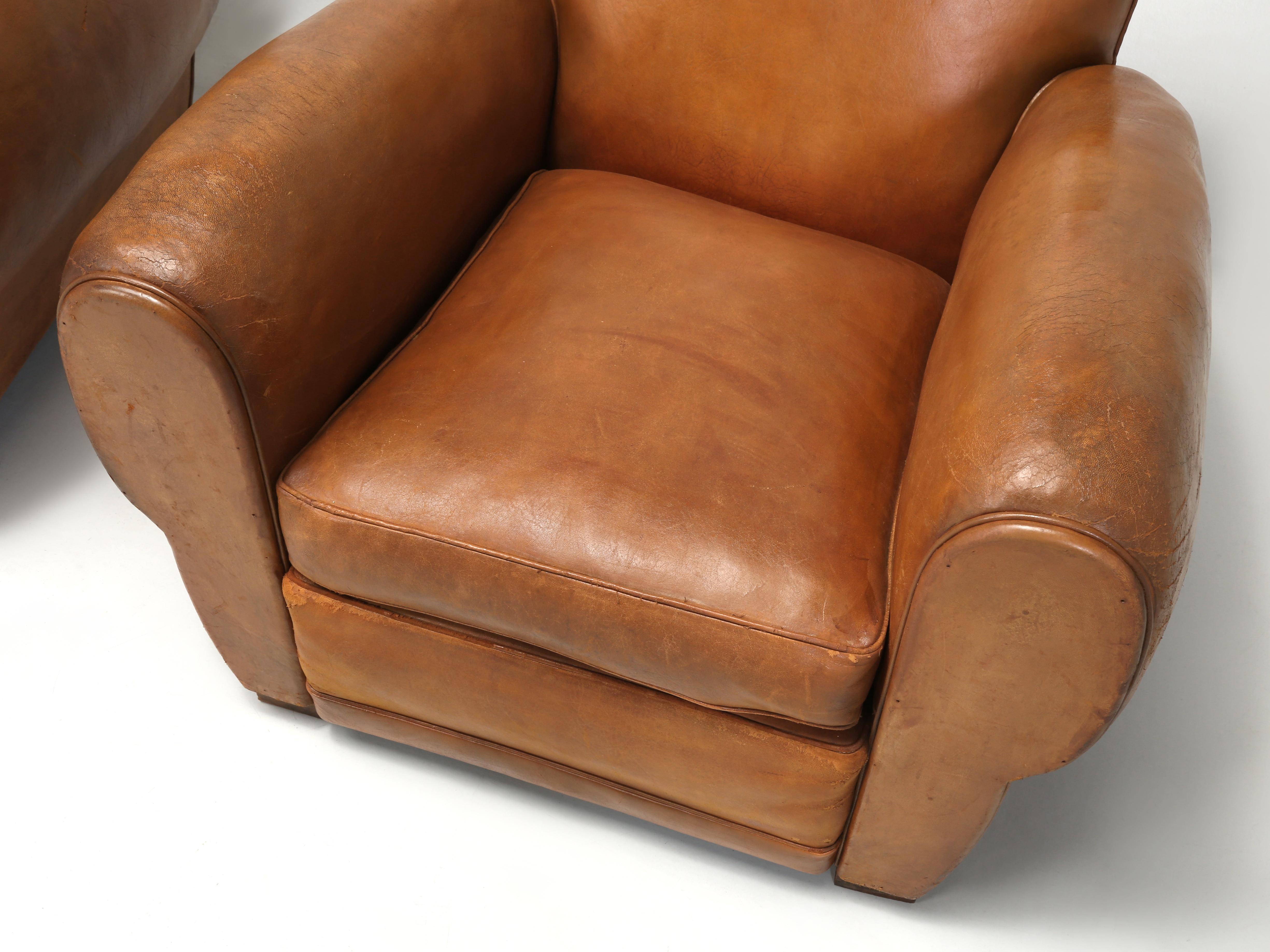 French Art Deco Moustache Original Leather Club Chairs Restored Inside, c1930s  1