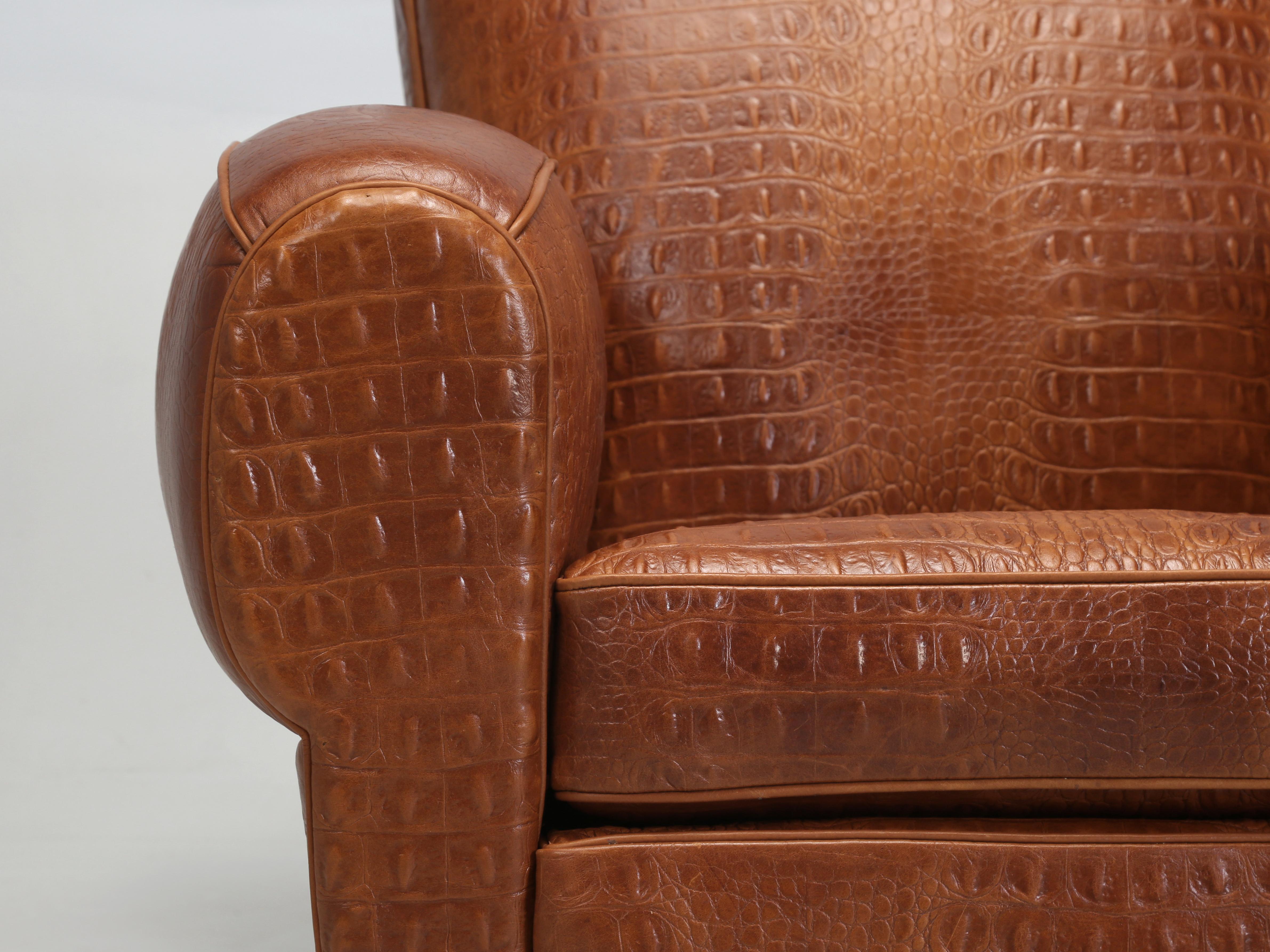 Mid-20th Century French Art Deco Moustache Club Chair Faux Embossed Crocodile Italian Leather For Sale