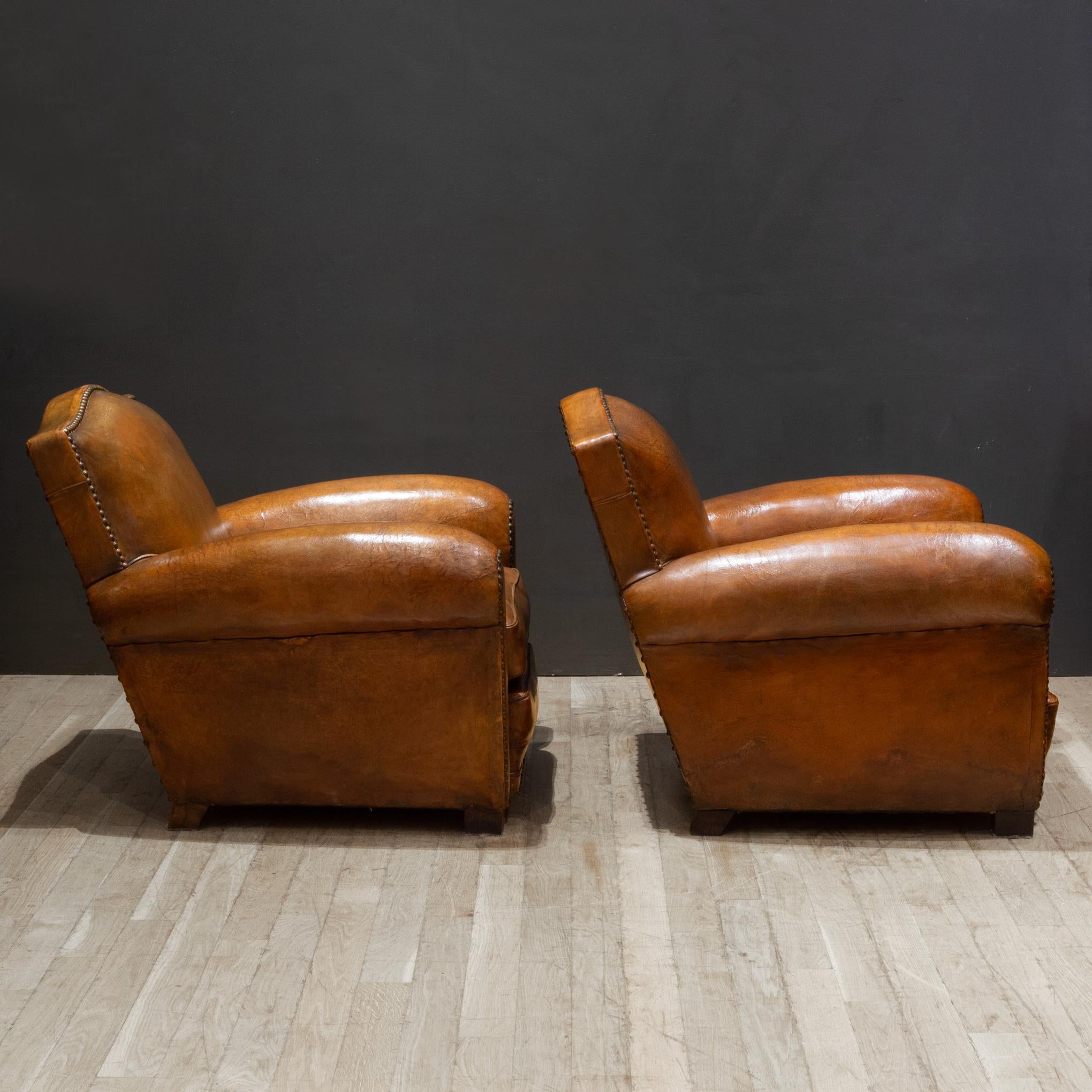 Metal French Art Deco Mustache Leather Club Chairs c.1930