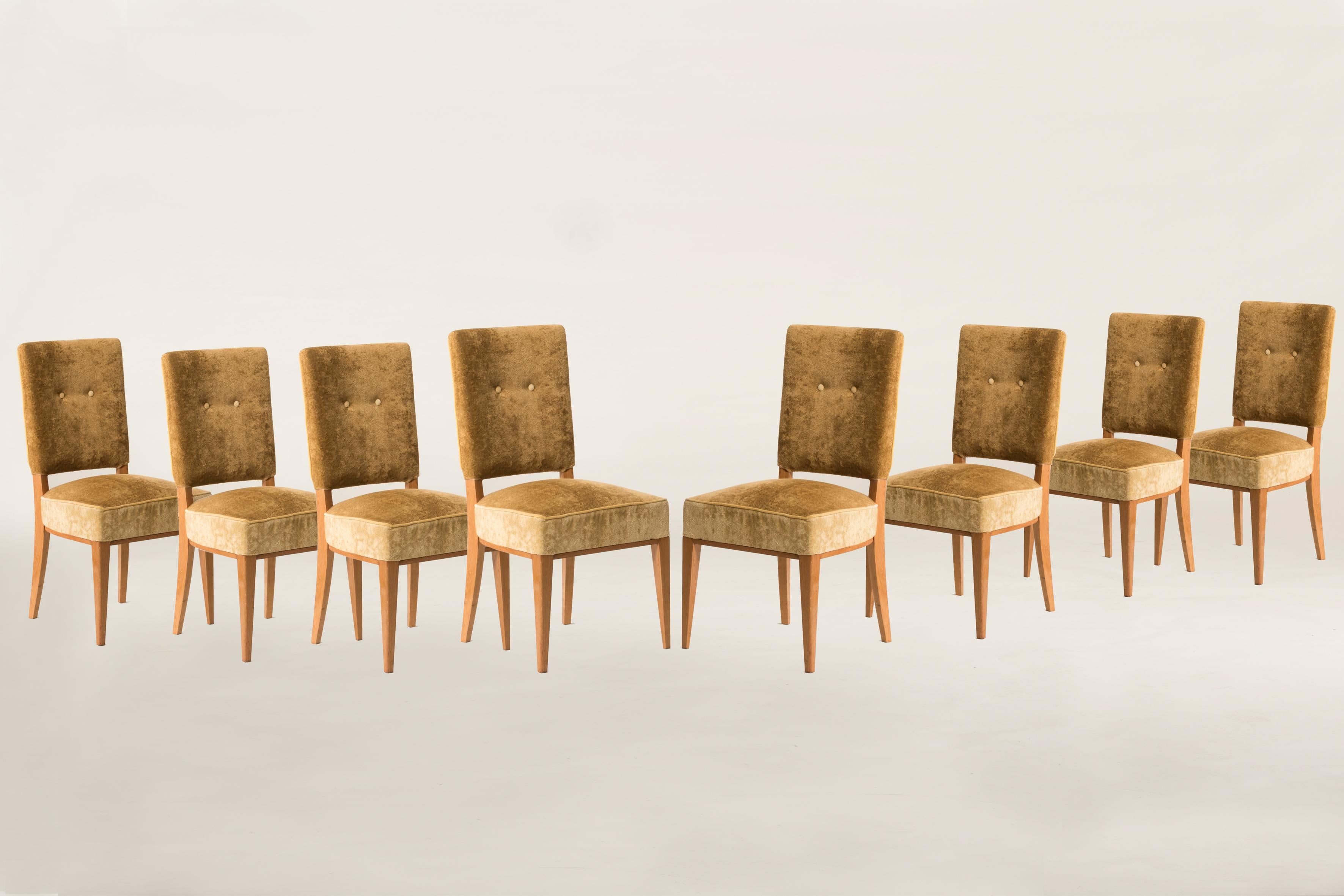 Art Deco mustard velvet and wood dining chairs, set of eight. These chairs come from France from 1930-1940 period. They have light wood structure and velvet upholstering (despite is vintage it is more recent than chairs and it is in excellent