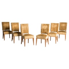 French Art Deco Mustard Velvet Dining Chairs, Set of Six