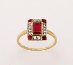 French Art Deco Natural Ruby Baguette and Diamond Ring