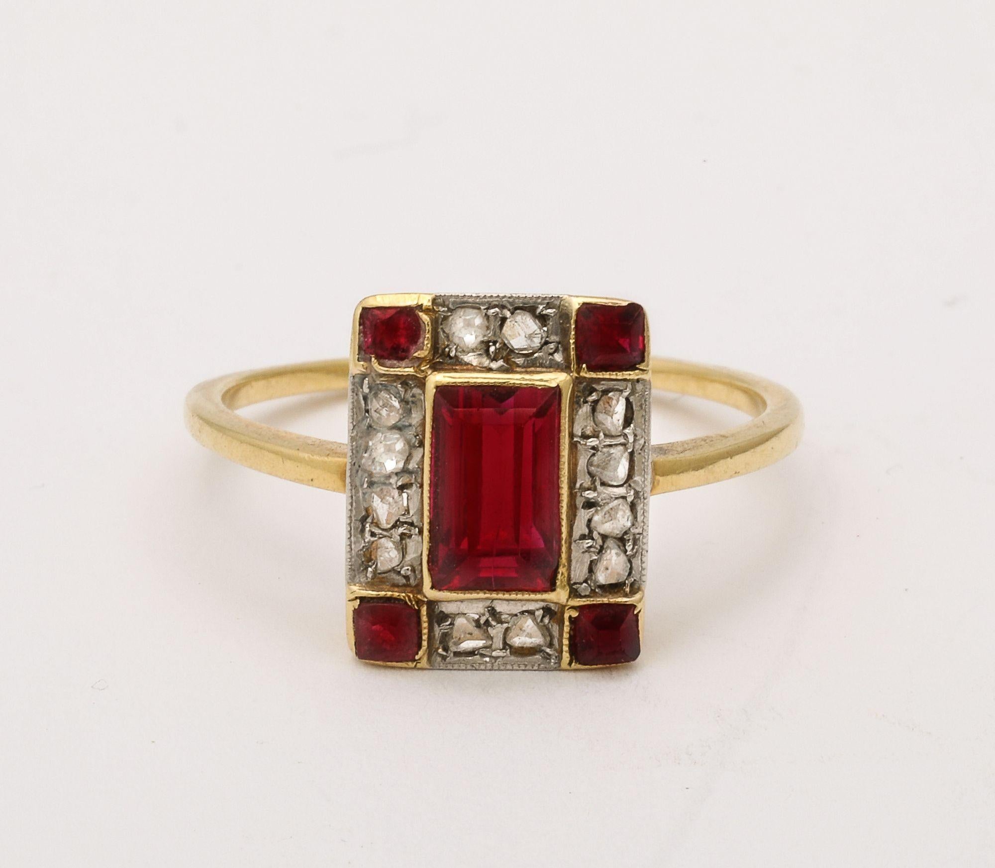 French Art Deco Natural Ruby Baguette and Diamond Ring In Good Condition For Sale In New York, NY