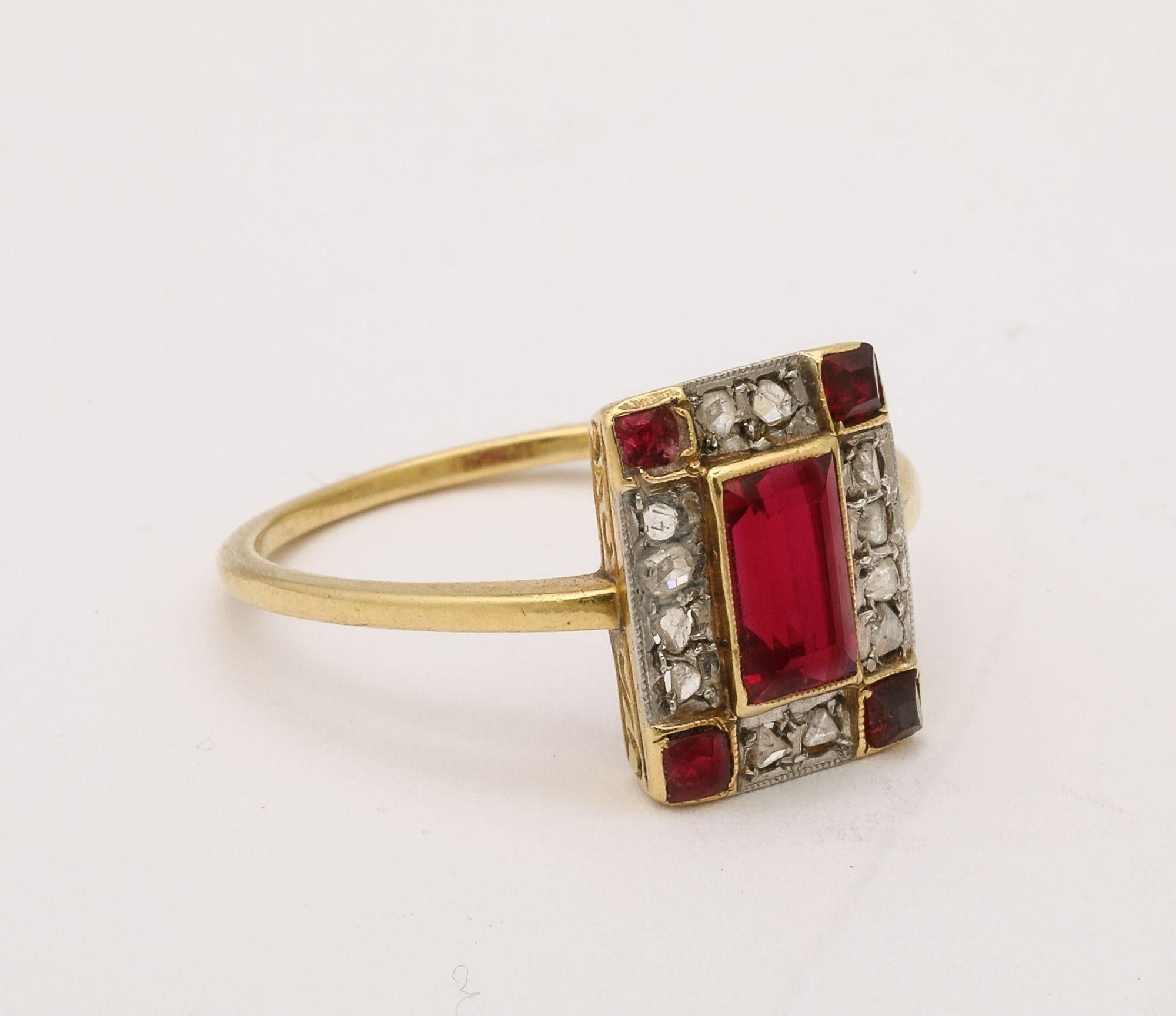 Women's French Art Deco Natural Ruby Baguette and Diamond Ring For Sale