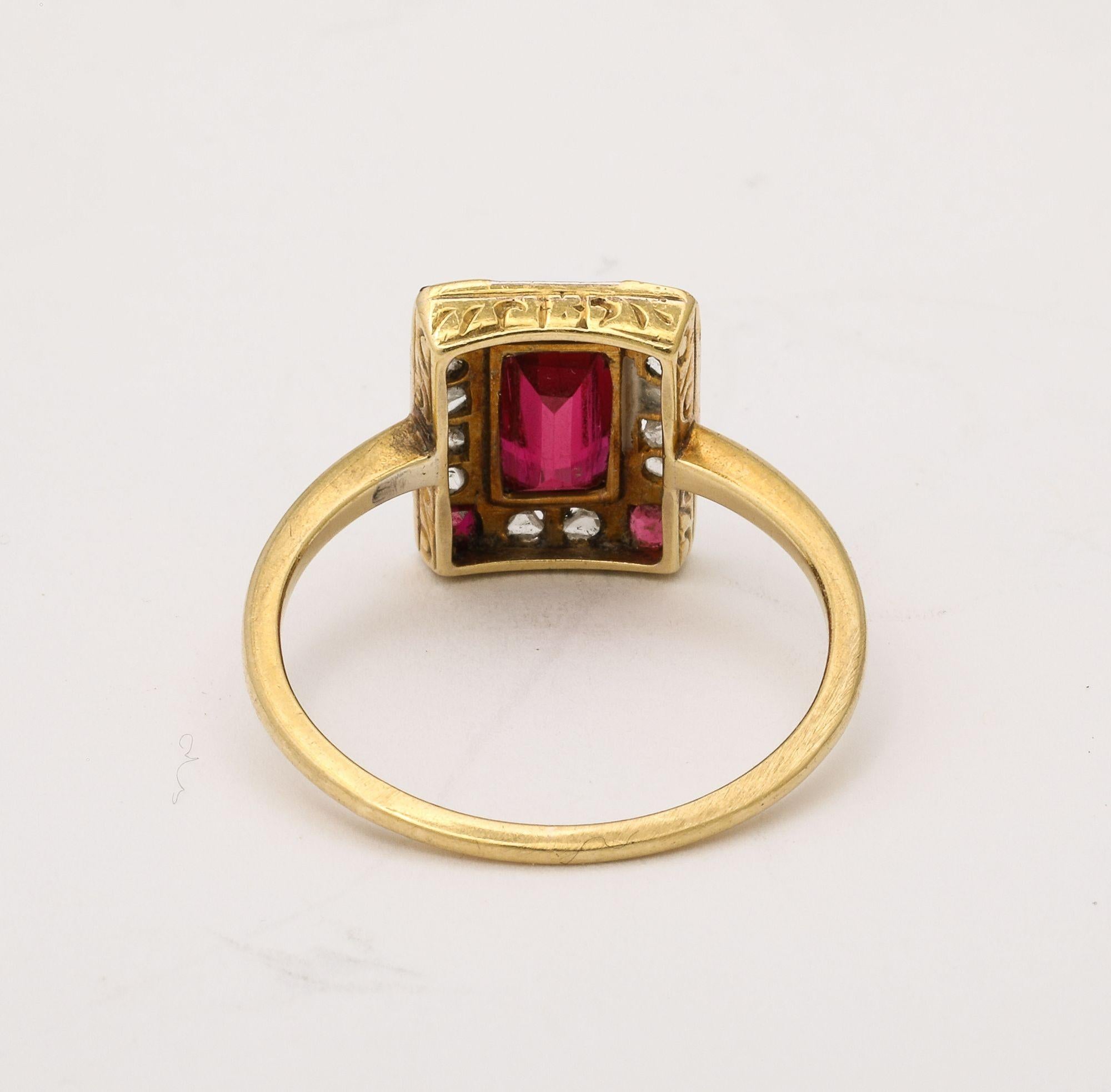 French Art Deco Natural Ruby Baguette and Diamond Ring For Sale 2