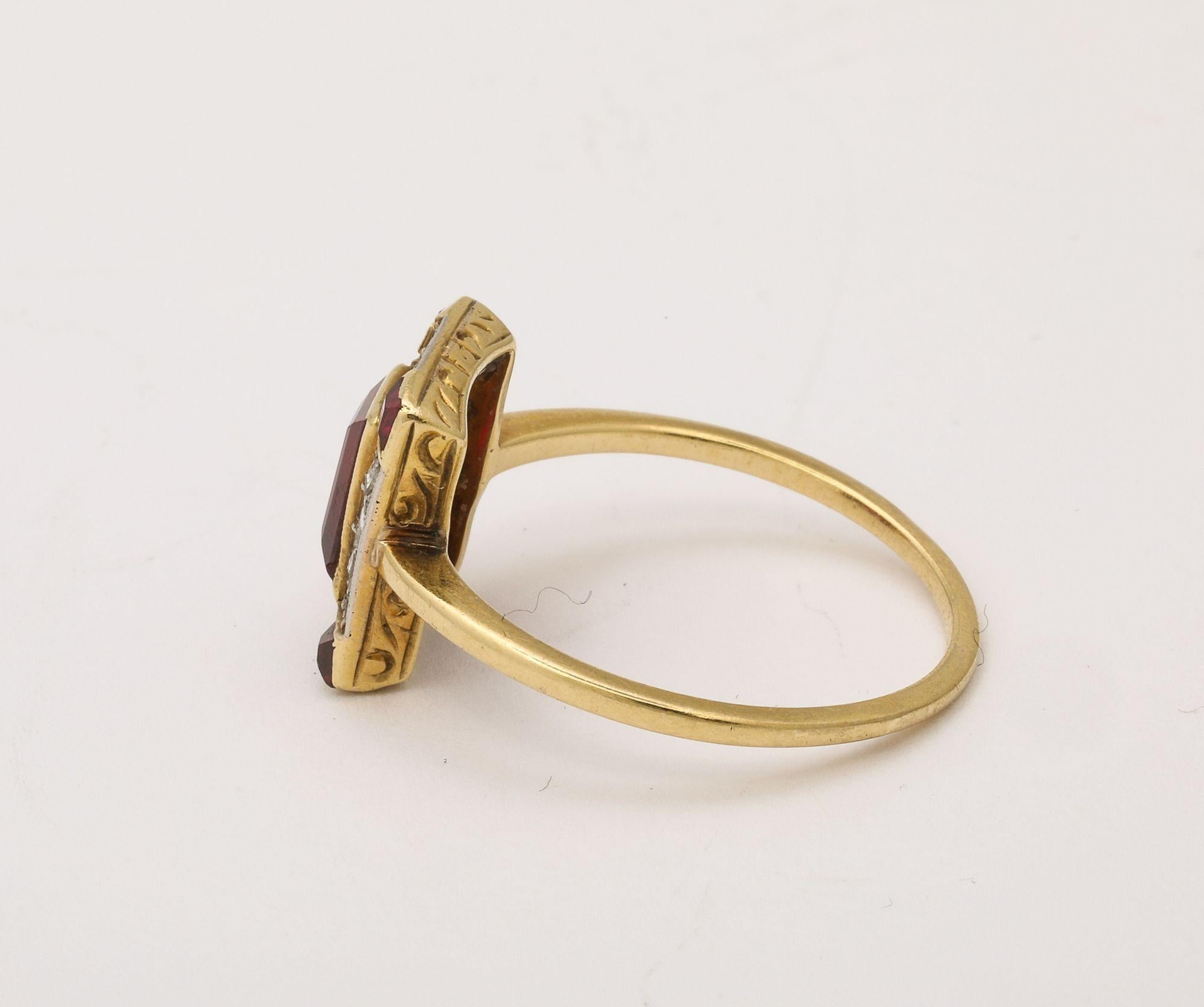French Art Deco Natural Ruby Baguette and Diamond Ring For Sale 3