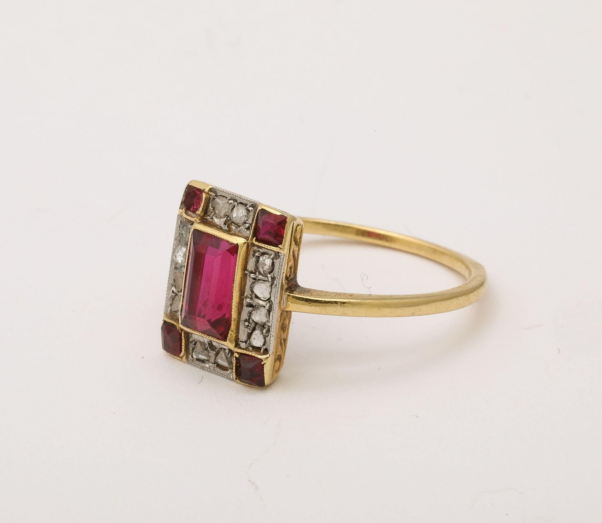 French Art Deco Natural Ruby Baguette and Diamond Ring For Sale 4