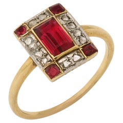 French Art Deco Natural Ruby Baguette and Diamond Ring
