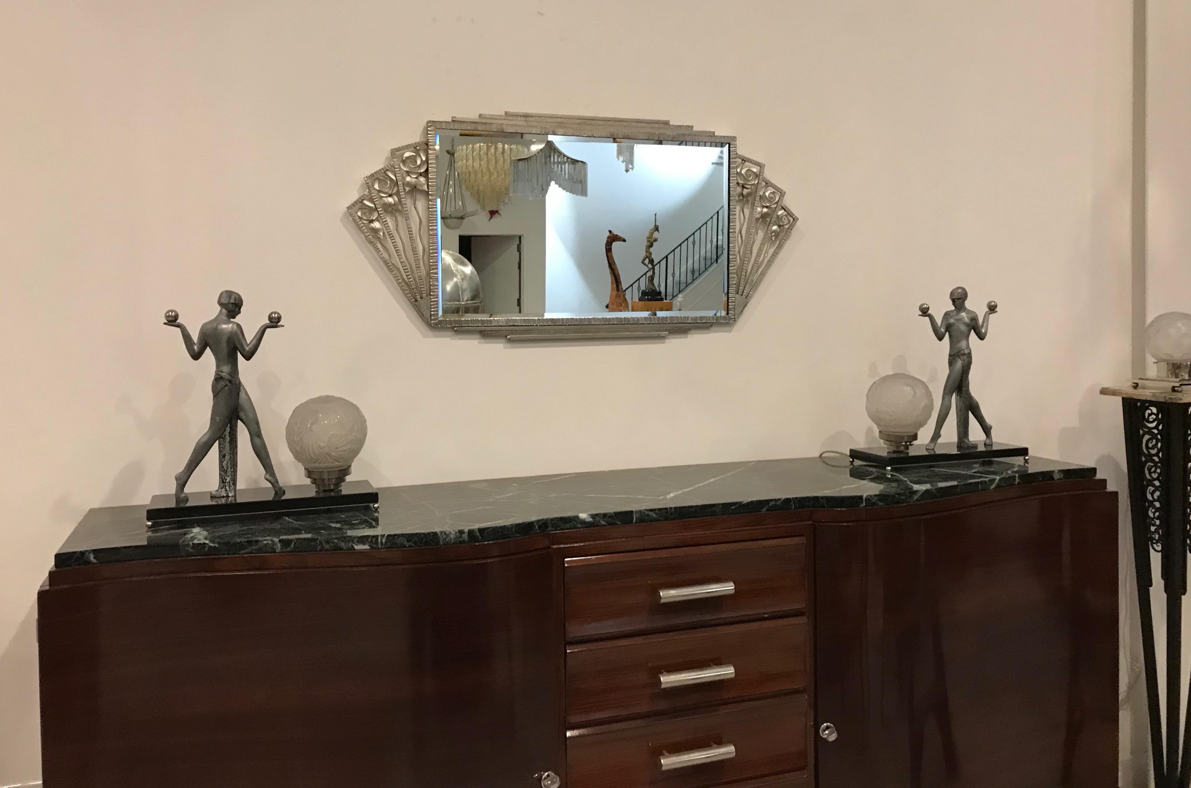 French Art Deco Nickel Wall Mirror In Excellent Condition In North Bergen, NJ